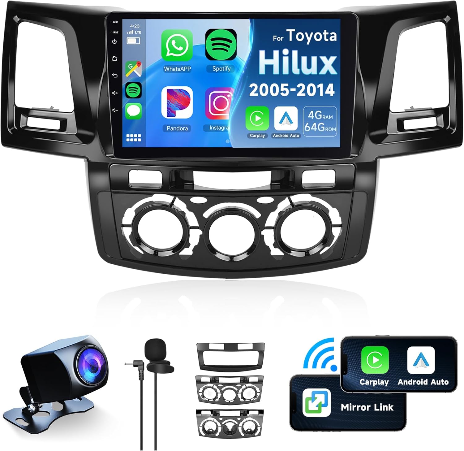 【4G+64G】 for Toyota Hilux 2005-2014 Android Car Radio Stereo with Wireless CarPlay Android Auto,9 inch IPS Touchscreen Car Stereo Bluetooth5.0, GPS, WiFi, SWC,59UI,32EQ AI DSP + HD Backup Camera