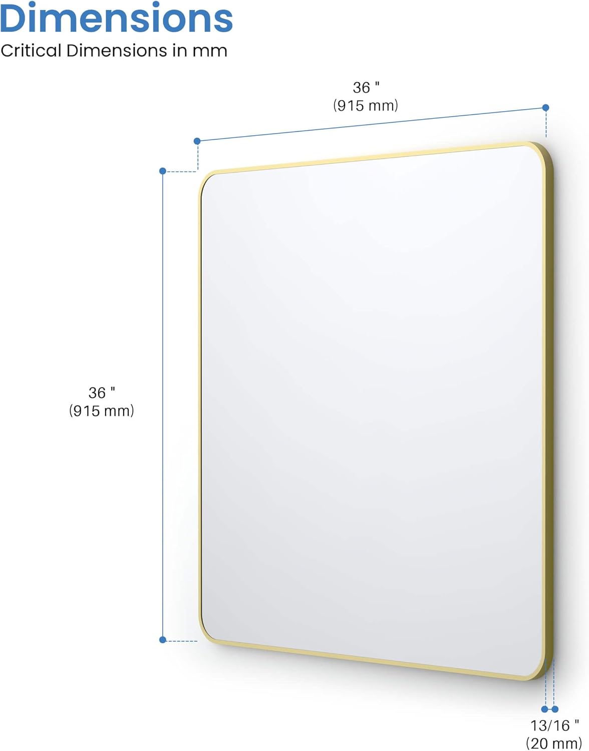 KIBI Shatteproof Wall-Mount Metal Frame Mirror | Horizontal/Vertical Mount | Wall Mirror for Bathrooms, Living Rooms, Hallways, Entryways, Offices | Rust Resistant (Brushed Gold, 36