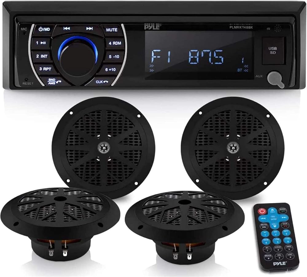 Pyle Marine Head Unit Receiver Speaker Kit - In-Dash LCD Digital Stereo Built-in Bluetooth & Microphone w/ AM FM Radio System 6.5’’ Waterproof Speakers (4) MP3/SD Readers & Remote Control -PLMRKT48BK