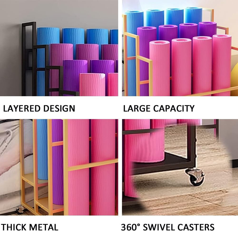 Yoga Mat Storage Rack, Home Gym Studio Organizer Large Yoga Mat Storage Cart for Foam Roller, Movable Sports Equipment Storage Rack with Wheels(Gold,4 Tier-39.4x33.5x41.3in)