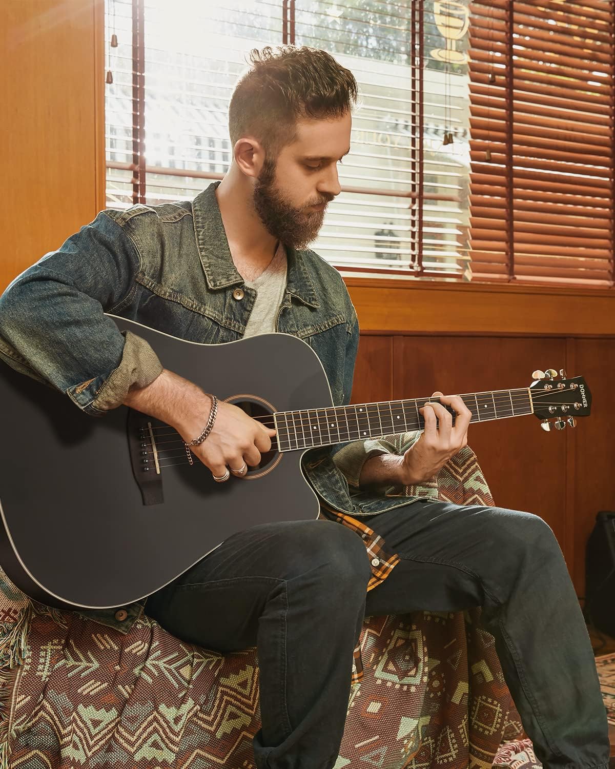 Donner Black Acoustic Guitar for Beginners, Adult, Teens, Starter Kits - Full Size 41'' Steel-String Acustica Guitarra Bundle Set with Free Online Lesson, Gig Bag, Strap, Tuner, Cutaway, DAG-1CB