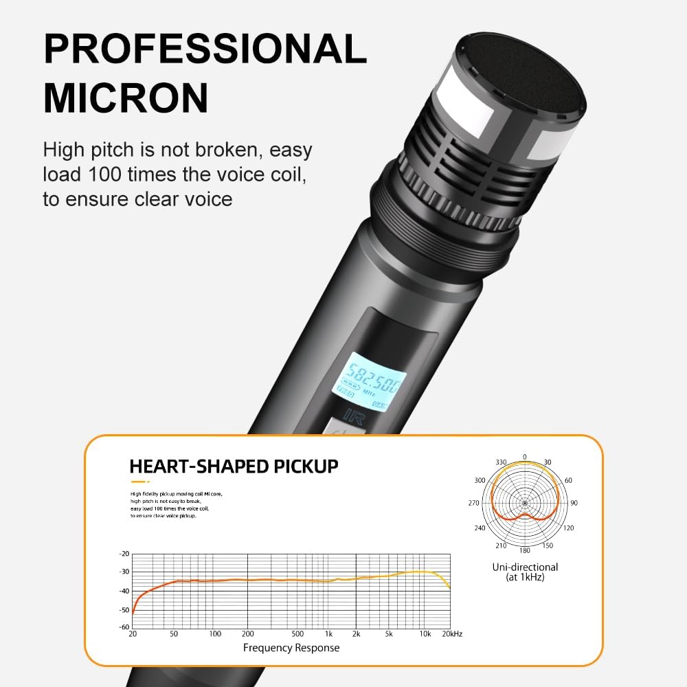 4-Channel UHF Wireless Mic System, Adjustable Frequency, 4 Metal Moving Coil Handheld Mics, 160ft Range, for Church, KTV, Events