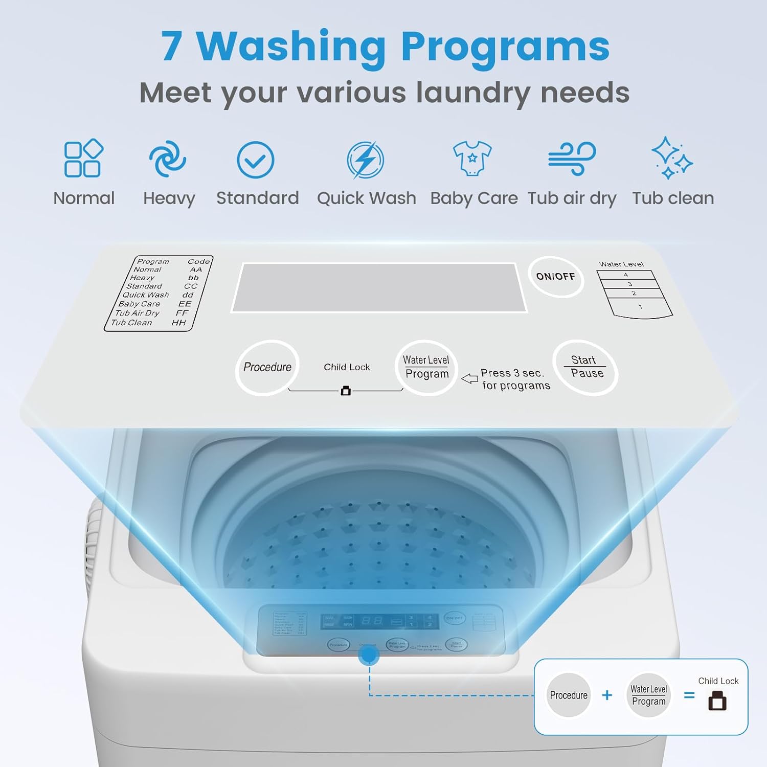 VCJ Portable Washing Machine, 20 Lbs Full-Automatic Portable Washer with 7 Wash Cycles, LED Display, Electric Laundry Machine for Apartment, RVs, Dorms