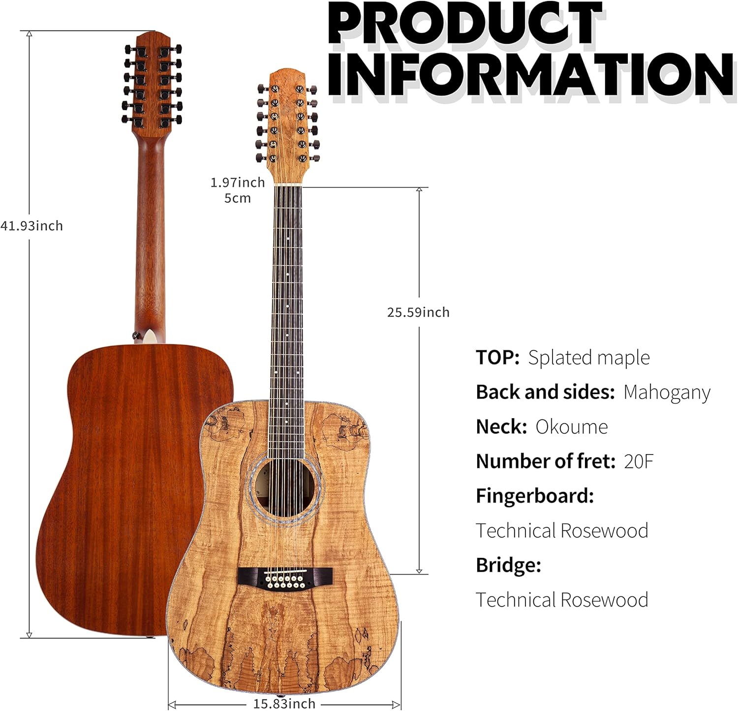 TARIO 12 Strings Acoustic Guitar Spalted maple Top Mahogany back & sides Okoume Neck