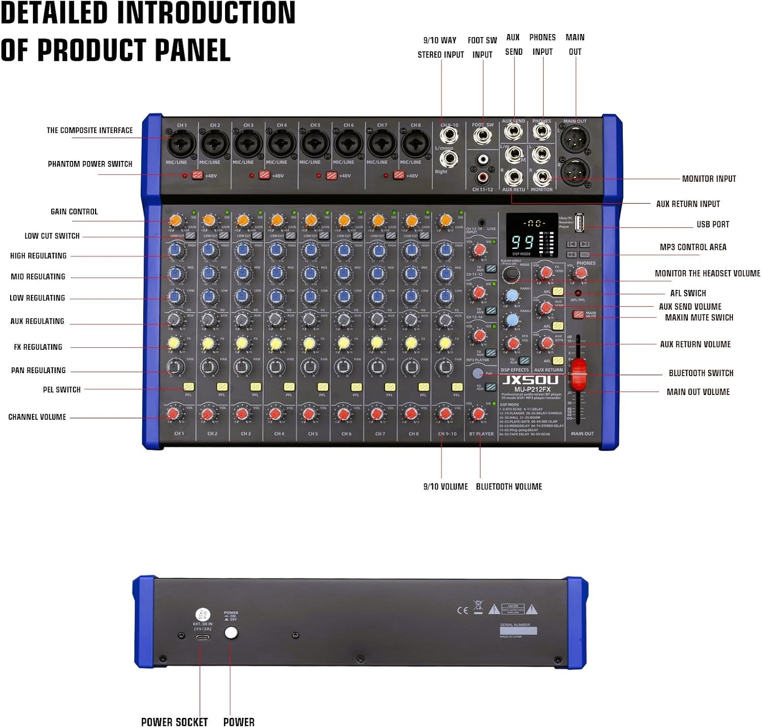 14-Channel Audio Sound Mixer Board, Bluetooth Studio Mixing Console XLR Microphone Jack 99 DSP DJ Mixer Audio Reverb Effect +48V Phantom Mixer For Karaoke Studio Streaming Recording