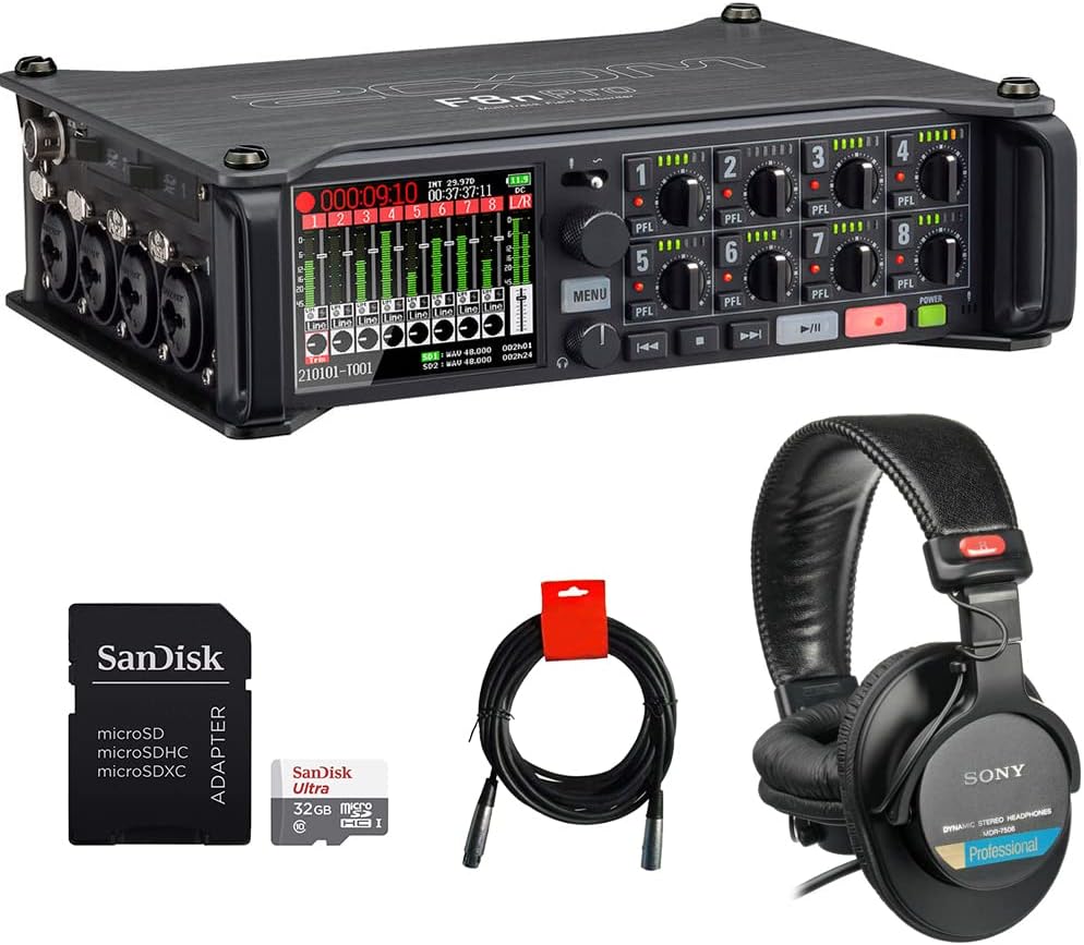 Zoom F8n Pro 8-Input / 10-Track Multitrack Field Recorder Bundle with Sony MDR-7506 Headphones, 32GB microSDHC Memory Card, and XLR-XLR Cable