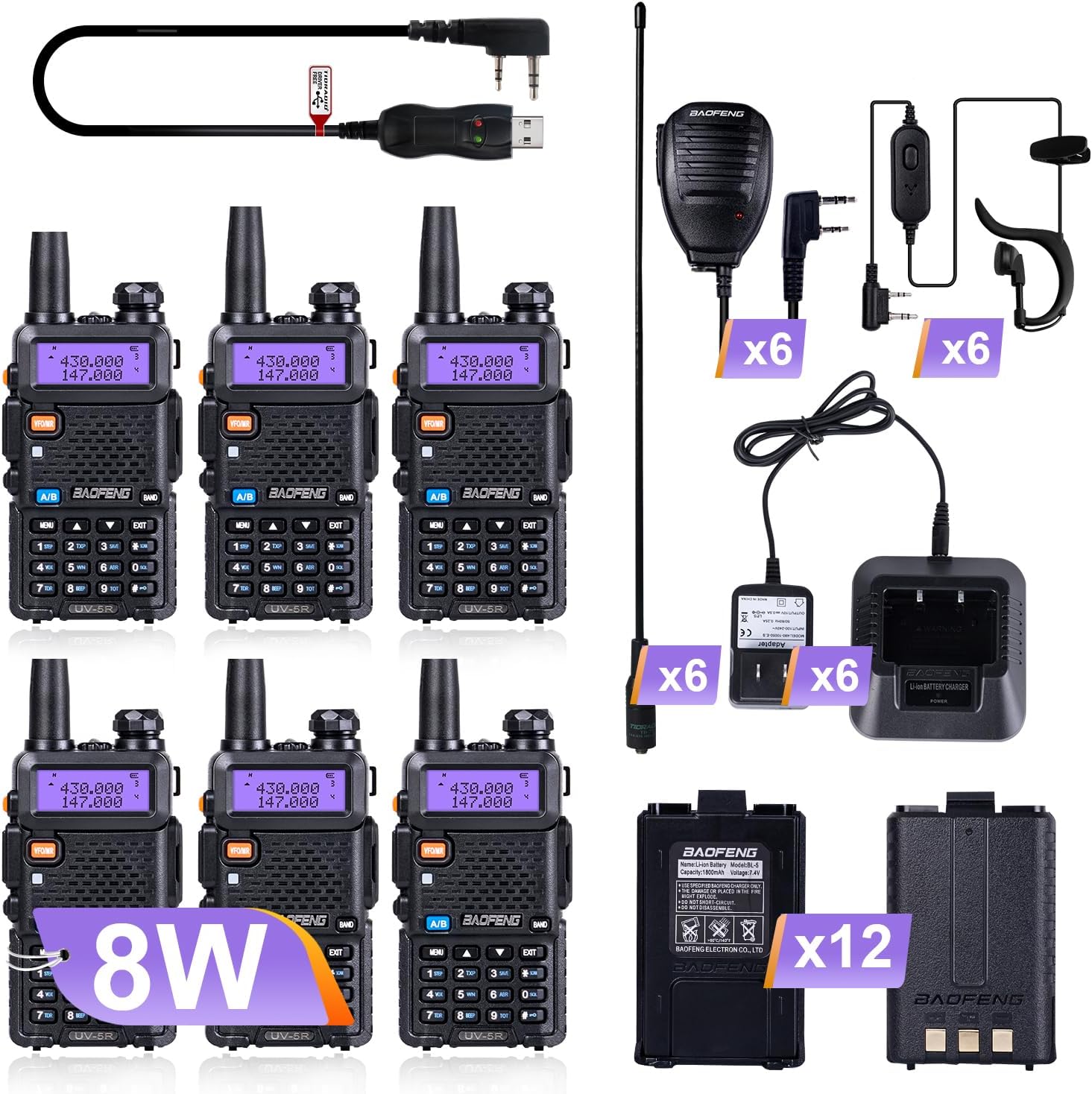 BaoFeng Radio UV-5R 8W Ham Radio (6 Pack) 144-148Mhz/420-450Mhz + 1pcs TIDRADIO Driver Free Programming Cable + 12pcs 1800mAh Batteries + 6pcs Speaker Microphone BaoFeng Walkie Talkie