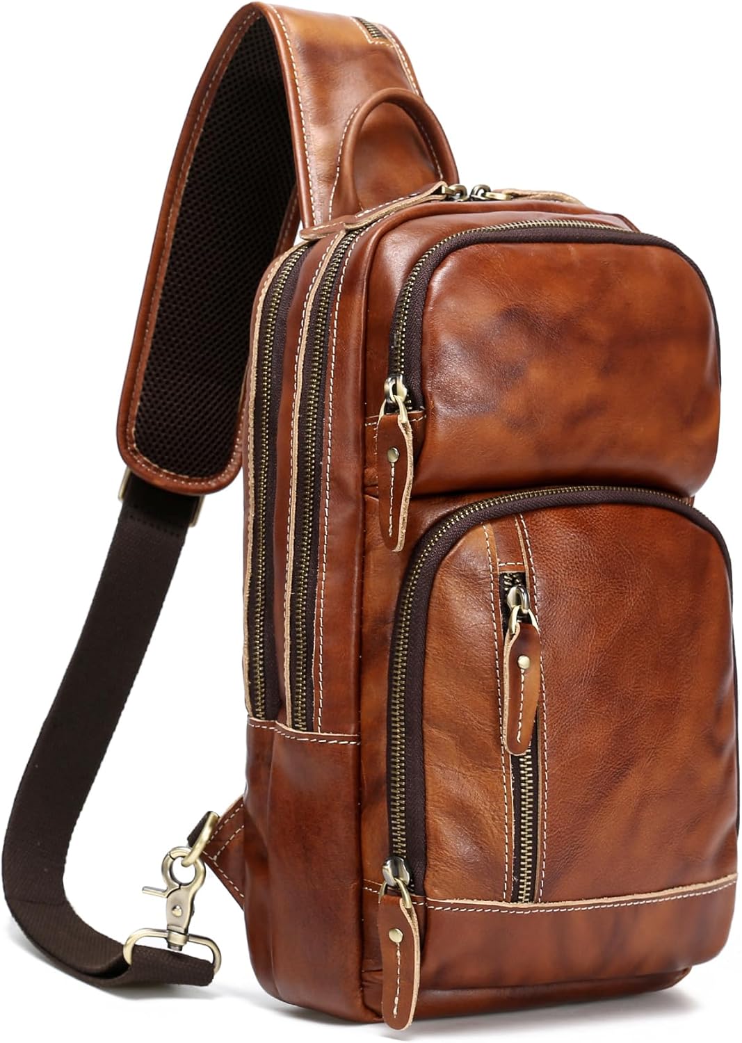 LANNSYNE Full Grain Leather Sling Bag For Men Crossbody Chest Daypack fits 10.5