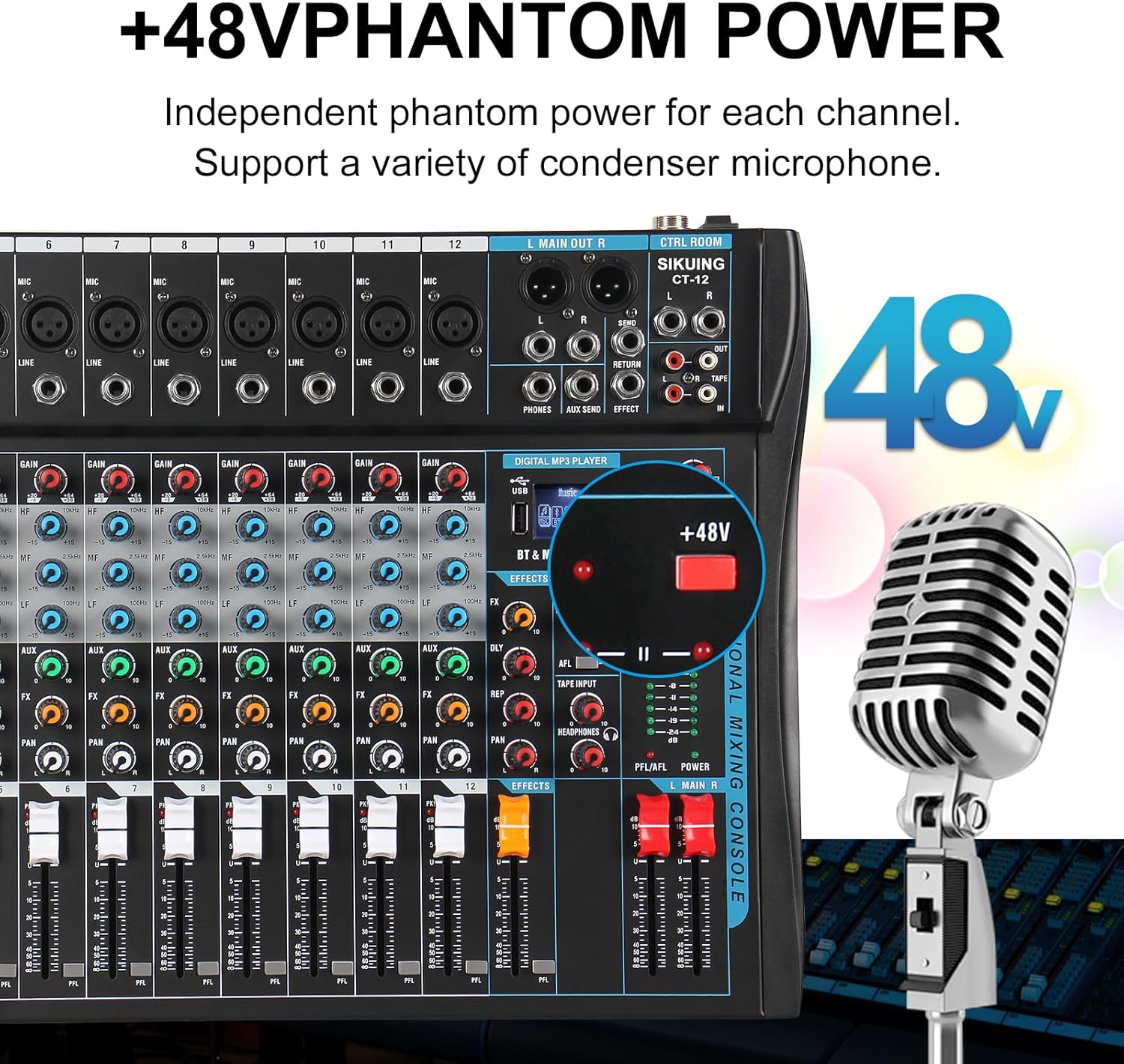 12 Channel Audio Interfacer Sound Board Mixer DJ Mixer 16-Bit DSP Effect USB Audio Mixer +48V Phantom Power Bluetooth Mixer for Karaoke Studio Streaming Recording,Live Streaming