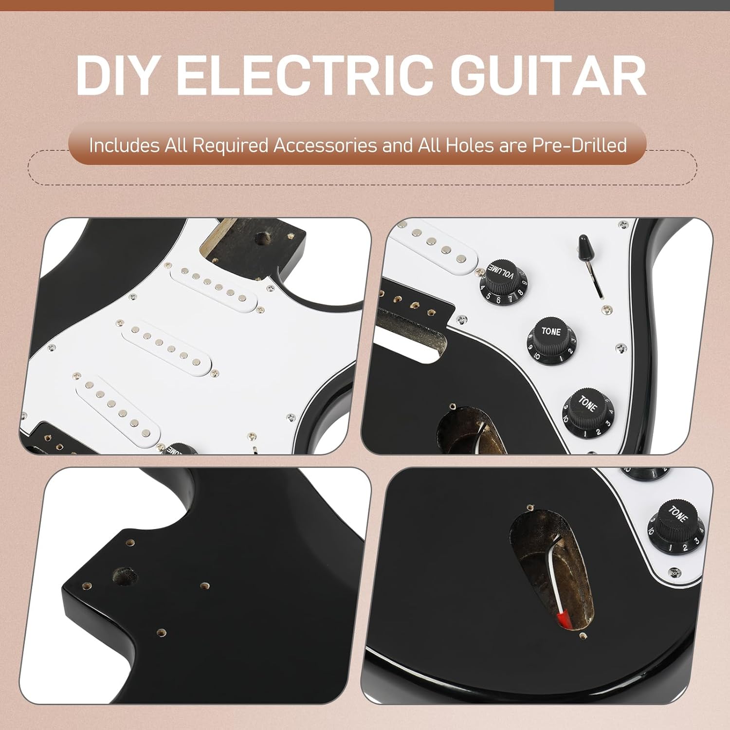 Ktaxon DIY Electric Guitar Kit with Solid Body, Full Size 6-String Electric Guitar Kits W/Maple Neck, Shoulder Strap, SSS Pickups, All Accessories Included, Black (KST)