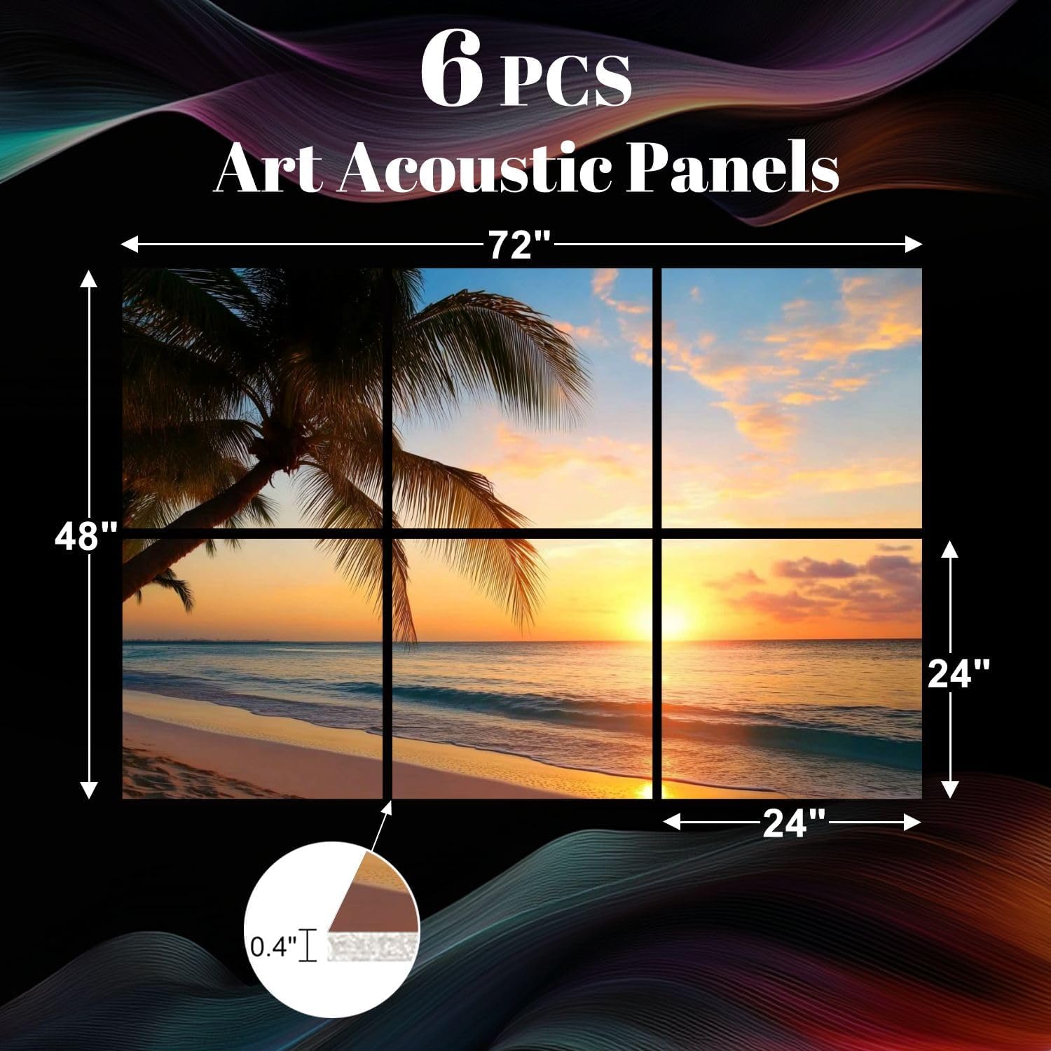 6 Pack Art Acoustic Panels Art Beautiful sunset tropical beach Sound Absorbing Panel 48