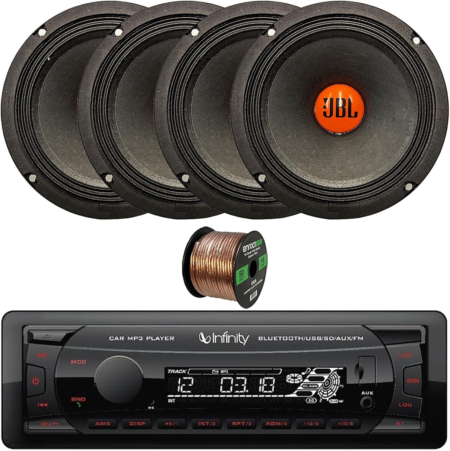 Car Audio Package: Single DIN Bluetooth USB/AUX/SD FM Radio MP3 Digital Media Black Vehicle Receiver with 6.5