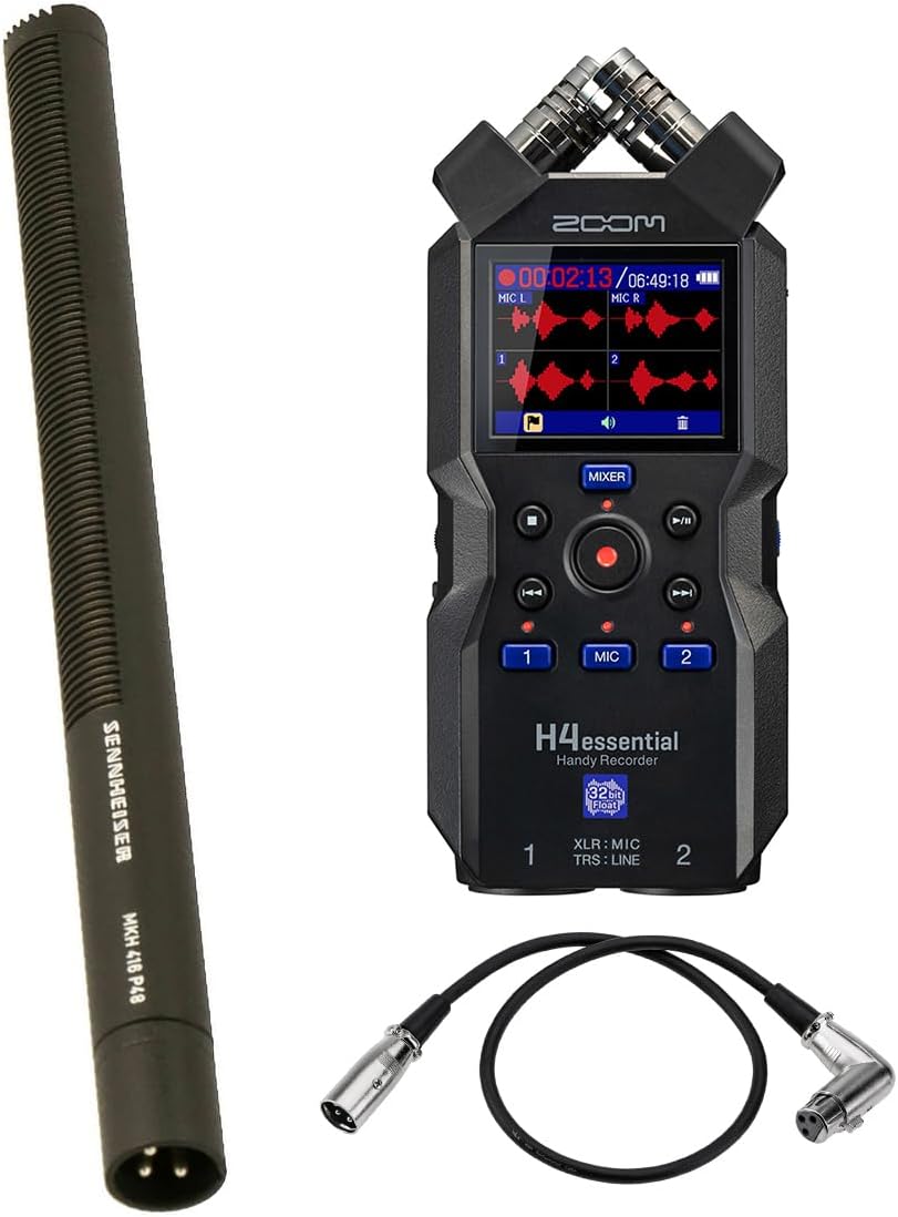 Sennheiser MKH416-P48U3 Condenser Super-Cardioid Shotgun Microphone With Zoom H4N PRO Digital Recorder, Right Angle XLR Cable for Camera Mic Kit
