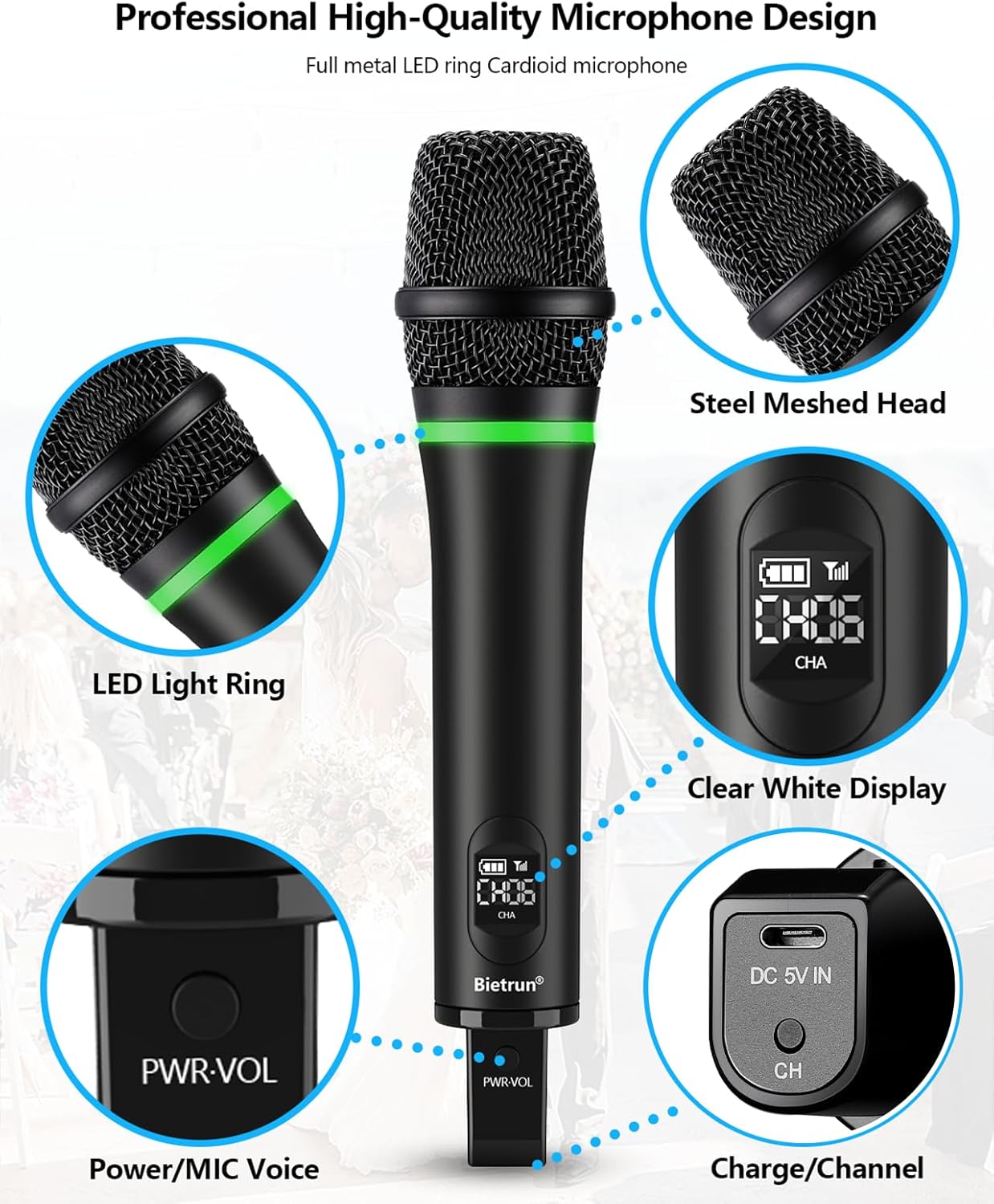 Bietrun Rechargeable Wireless Microphone, Dual Metal Cordless Handheld Dynamic Wireless Mics with 1/4'' Output for Karaoke, Meeting, Singing, Church, Wedding(UHF 240ft Range)(Receiver with Bluetooth)