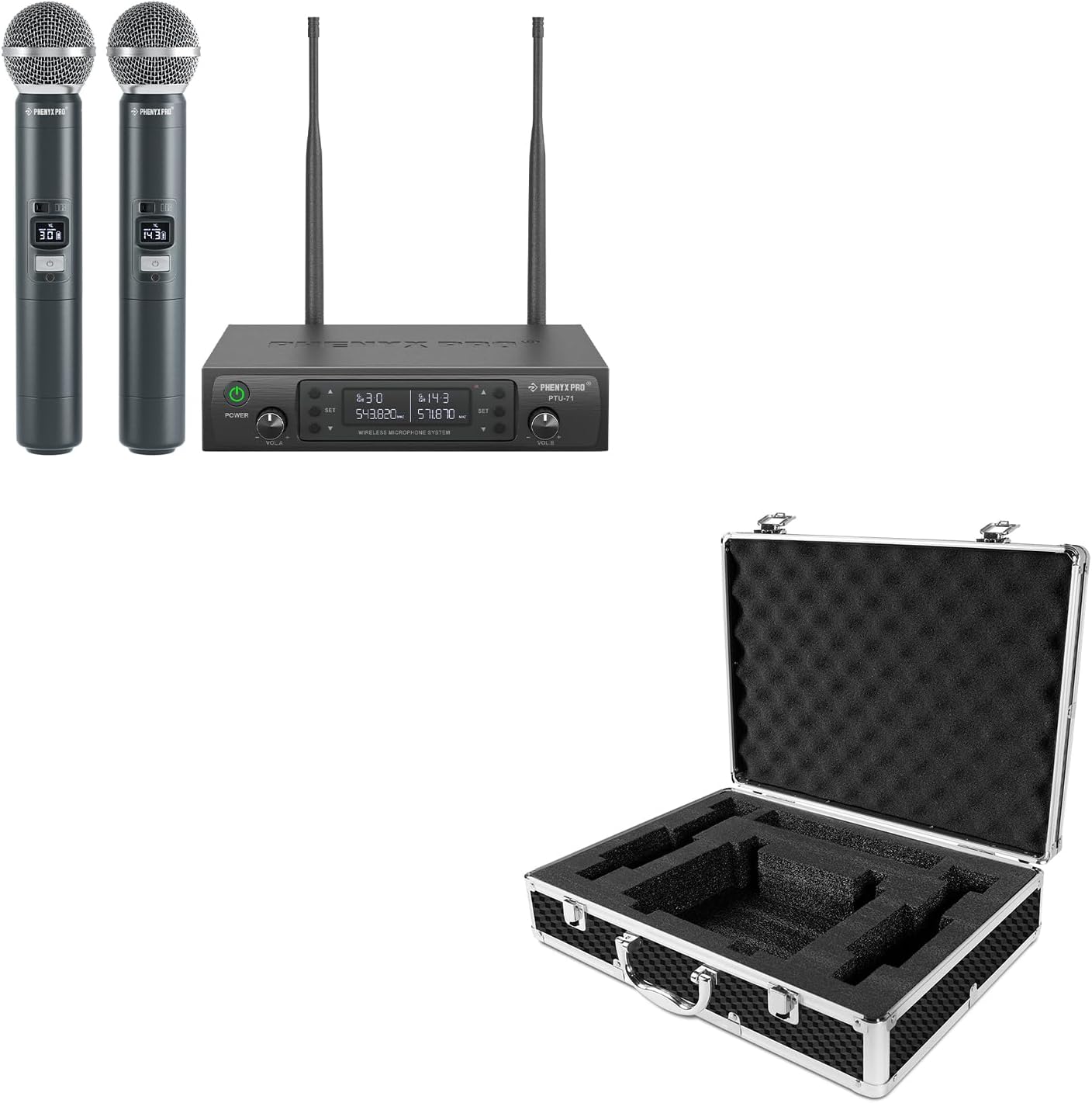 Phenyx Pro Wireless Microphone System Dual Wireless Mics,w/ 2 Handheld Dynamic Microphones, 2x100 Adjustable UHF Channels, Auto Scan,328ft Range PTU-71-2H Bundle with The Medium Size Carrying Case