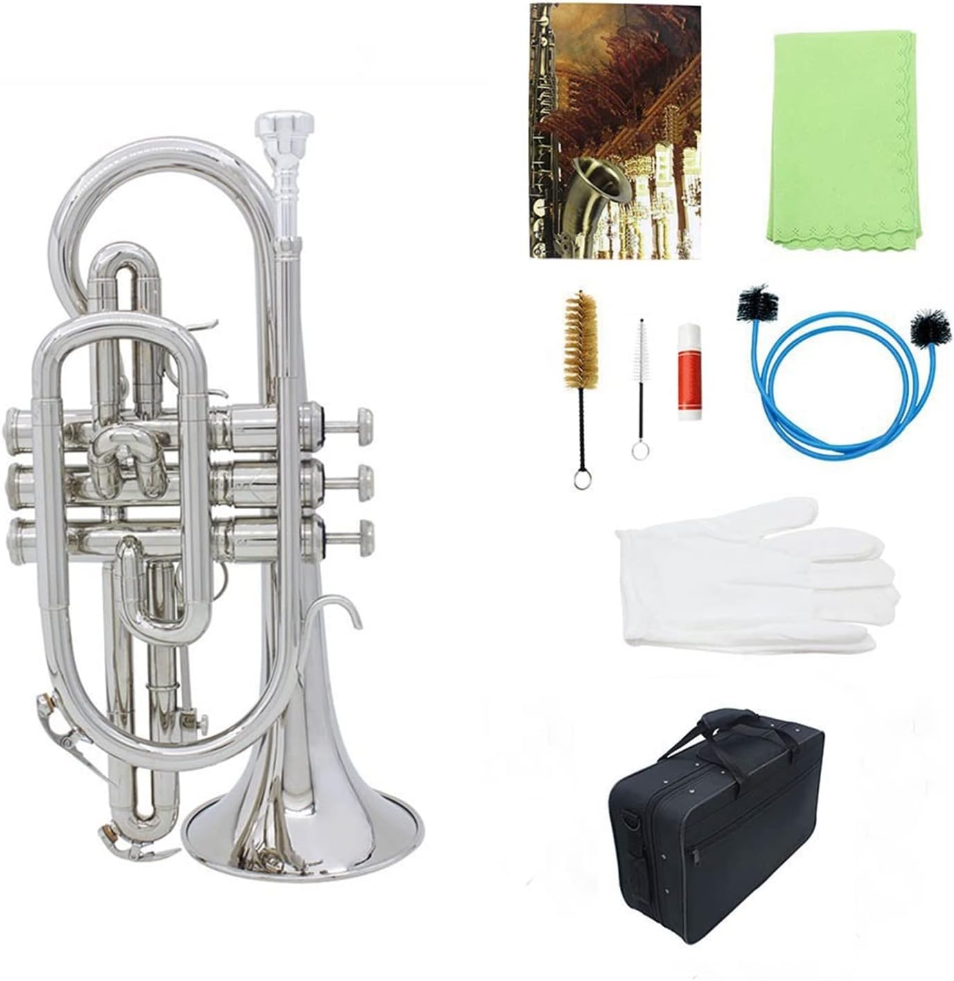 FLFL Student Trumpet Silver Professional Bb Flat Cornet Brass Instrument with Carrying Case Gloves Cleaning Cloth Brushes