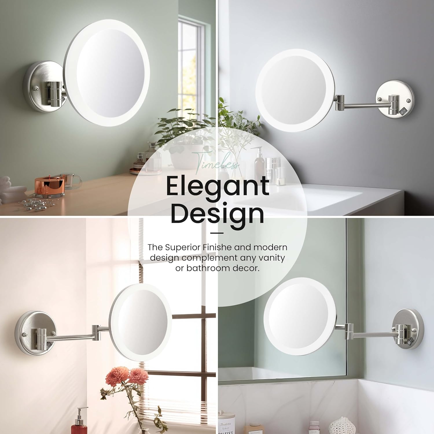 KIBI LED Wall Mount Makeup Mirror, 5X Magnification, One-Sided, Circular Lighted Mirror with Adjustable Arm | Magnifying Vanity Mirror with Light for Bathroom or Bedroom (Brushed Nickel, KMM102)