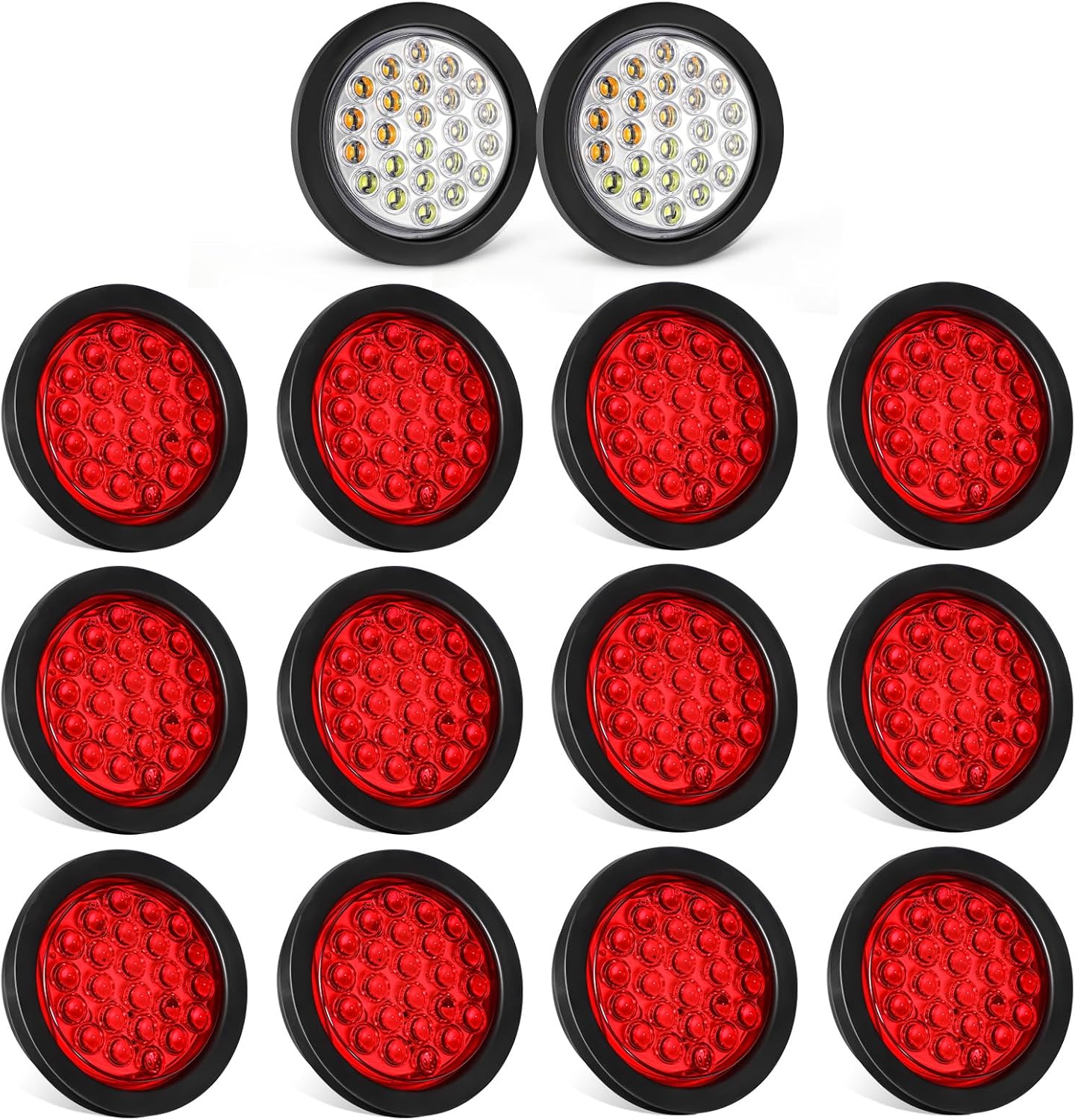 Partsam 2X 4 Inch Round Amber White Strobe Lights Dual Color 24 LEDs, 12Pcs 4 Inch Round LED Trailer Tail Lights Red 24LEDs Waterproof 12V Grommet Plug Included