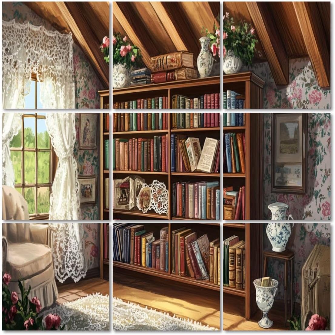 Art Acoustic Panels Self Adhesive Liry Bookshelf Charming Cottage Antique Vases Doilies 9 Packs Decorative Soundproof Wall Panels Large Sound Absorbing Panels for Home Office 60