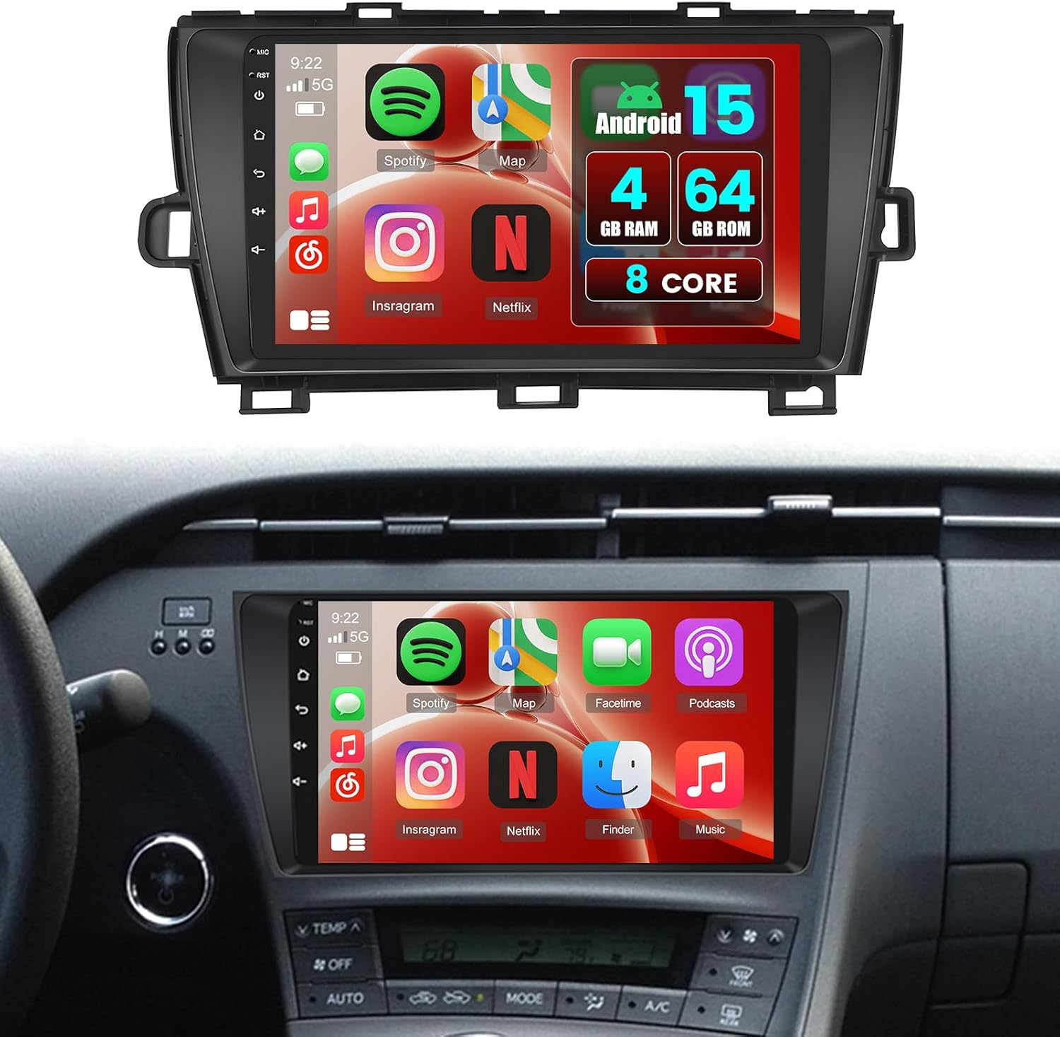 4G+64G 8Core Radio for Toyota Prius 2010-2015 Wireless CarPlay, 9” IPS Touchscreen Android 15 Stereo 5G WiFi 32EQ DSP Android Auto GPS Navi BT FM/RDS SWC+Free AHD Backup Camera Mic
