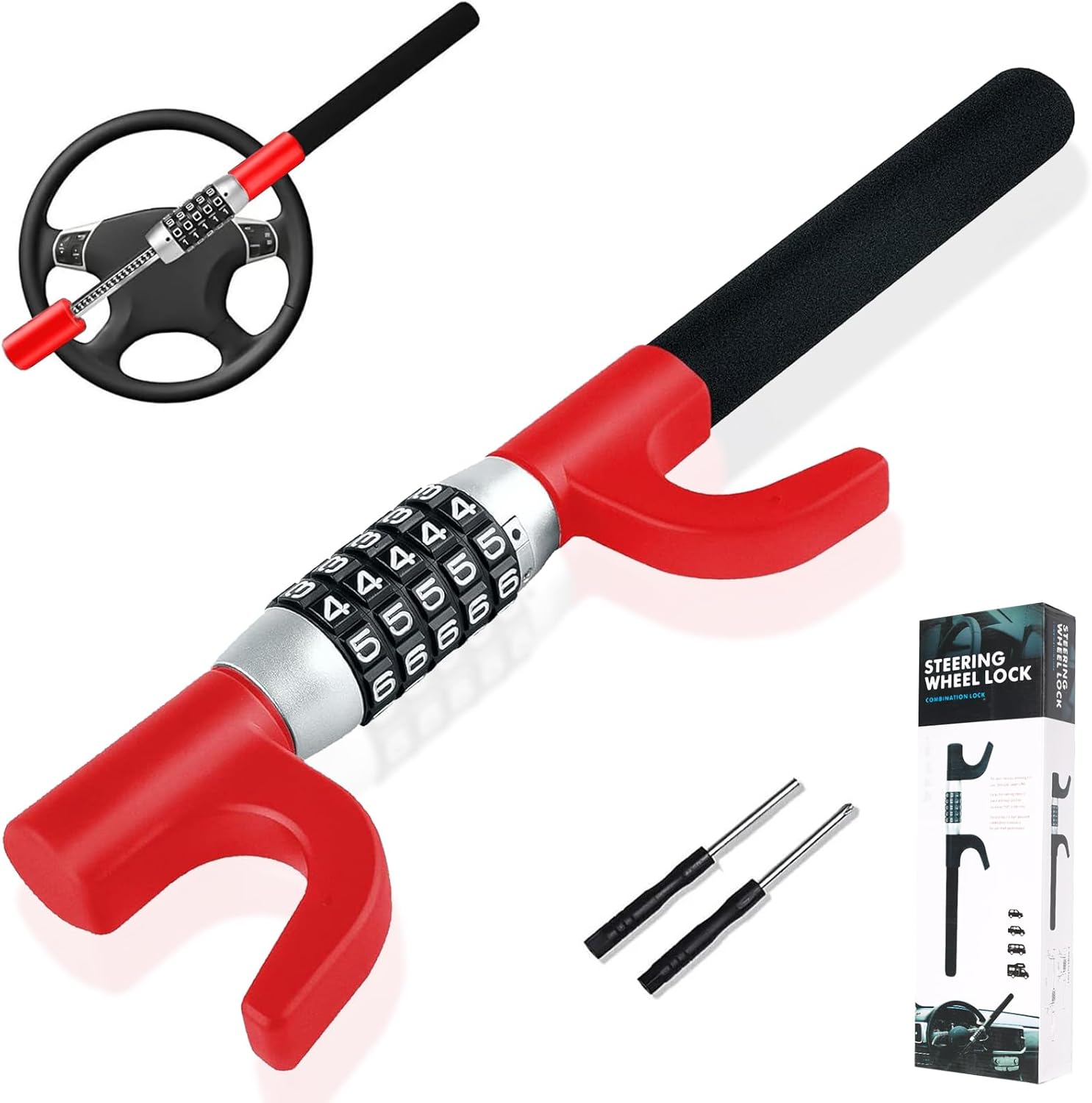 Steering Wheel Lock, Dial Type, Car Anti-theft Goods, Steering Lock, Relay Attack Prevention, Car Security (Red), kkk-carlock-mima01