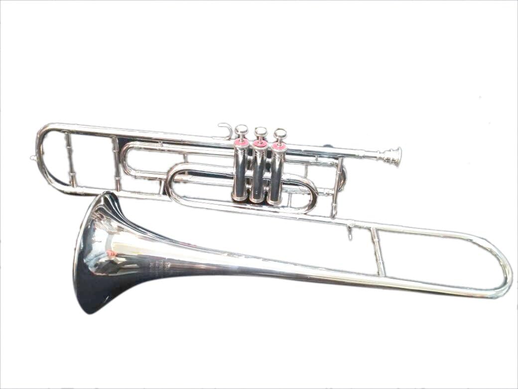 Surbhi Music Silver Chrome Nickle Valve Trombone Bb Flat Trombone With Free Case Box & Mouth Pc.