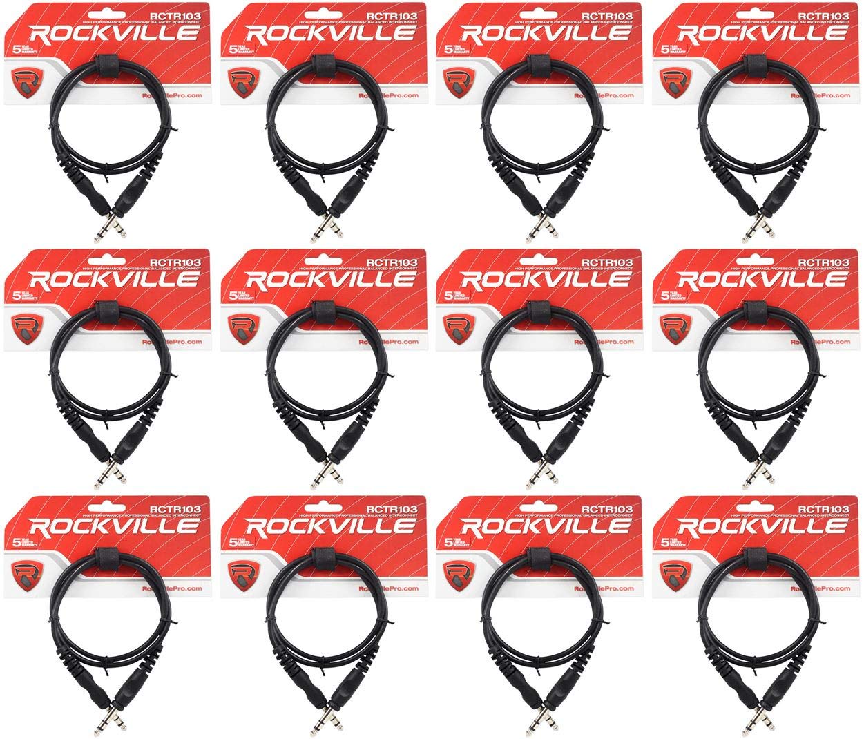 Rockville 12 RCTR103B Black 3' 1/4'' TRS to 1/4'' TRS Cable 100% Copper