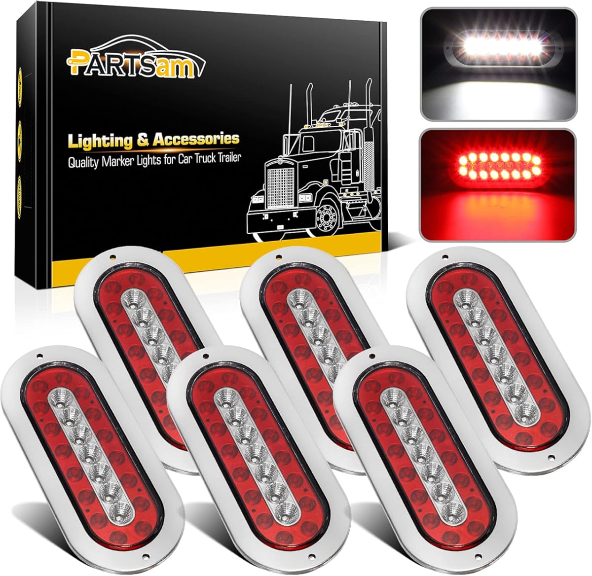 Partsam 6Pcs 6 Inch Oval LED Trailer Tail Lights White/Red Flange Mount 23 LED 12V DC Sealed Waterproof Round Stop Brake Tail Running Reverse Backup Lights Lamps for RV Trailer Trucks