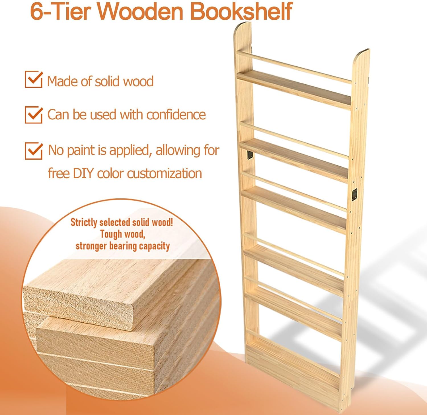 Behind The Door Bookshelf, Wooden Kids Bookshelf 6-Tier Organizer for Books and Toy Storage Wall Mount for Adult Space-Saving Book Shelf in Bedroom, Living Room, Playroom Wood