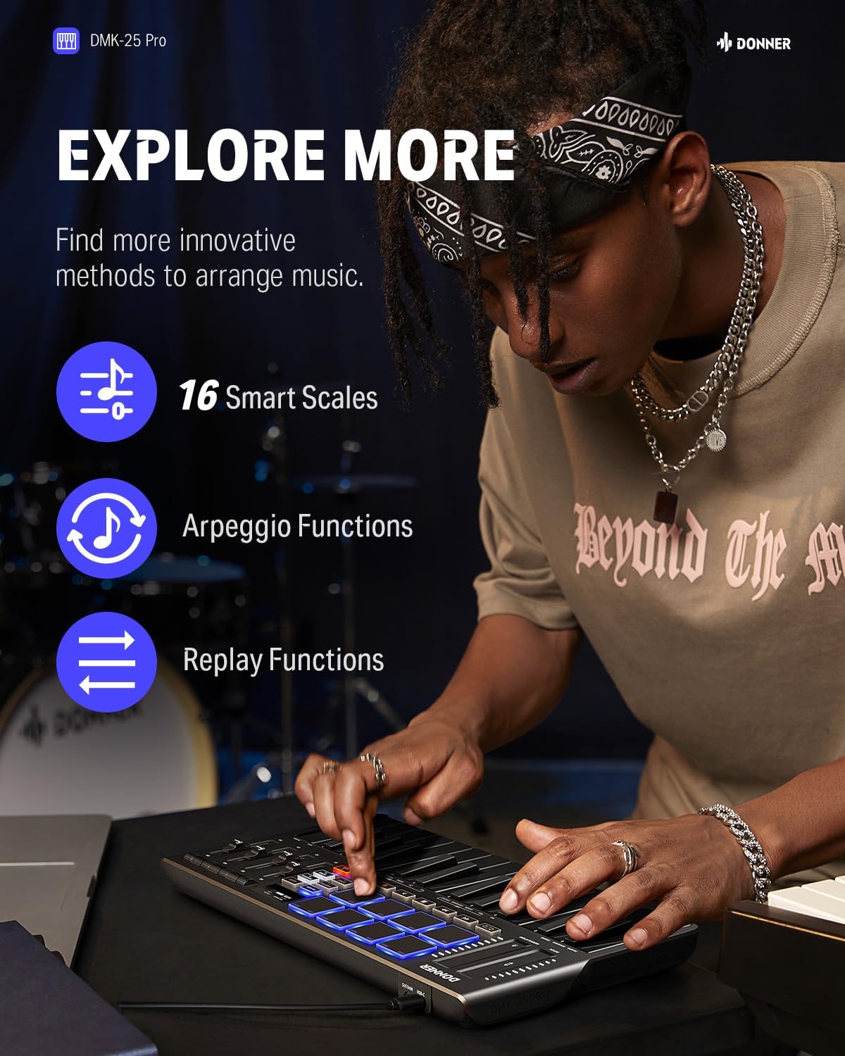 Donner USB-C MIDI Keyboard Controller, 25 Key Portable Mini MIDI Keyboard with 8 Drum Pads, OLED Display, 16 Smart Scales, Arpeggio, Replay, 4 DAW Software and 40 Teaching Courses, DMK 25 Pro Black