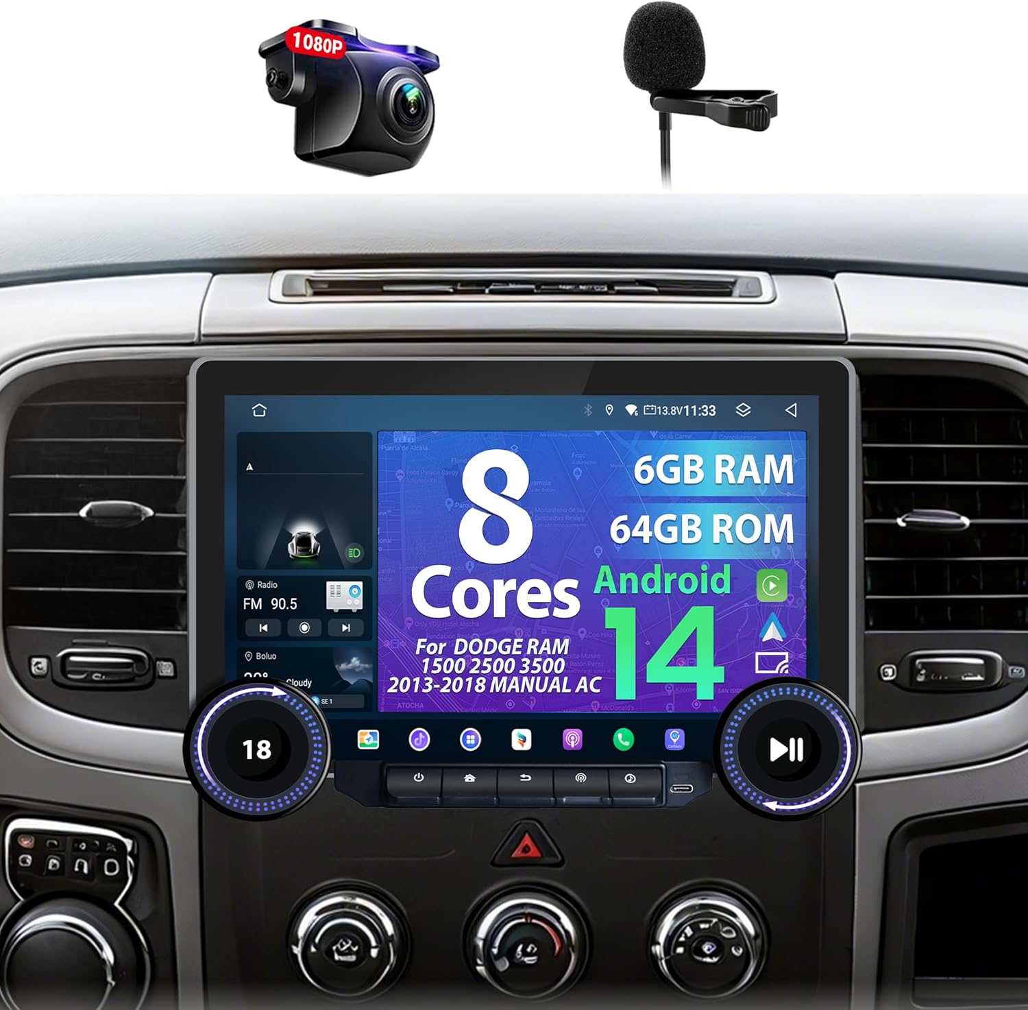 8 Core 6+64G Car Radio for Dodge Ram 1500 2500 3500 2013-2018 Manual AC with 11.6