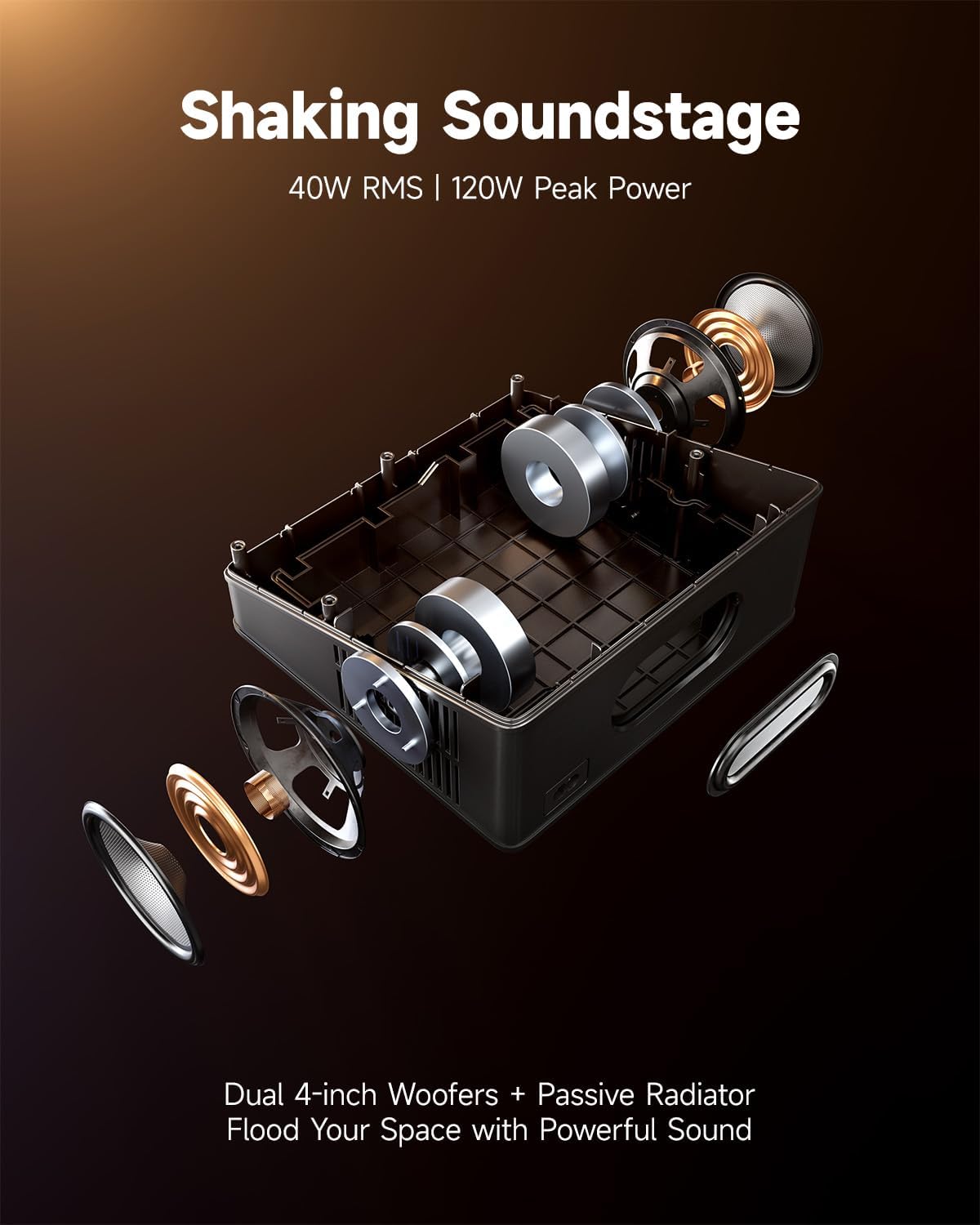 Moukey MTV30 All-in-One Karaoke Machine Projector, with Dual 4-inch Woofers, 40W RMS 120W Peak Power, Powerful Sound, Passive Radiator, Smooth System, Supports 45-250