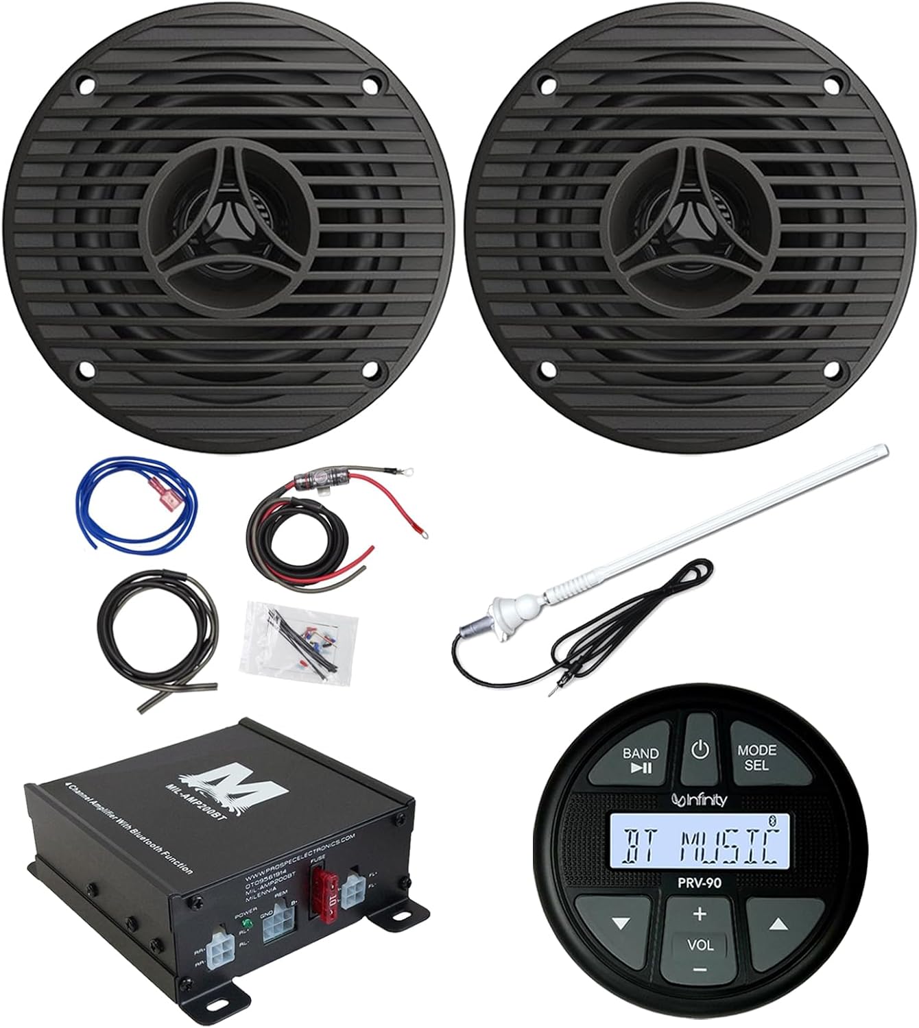 Gauge Style AM/FM Bluetooth AUX/USB Marine Stereo Digital Media Receiver Bundle Combo with 3.5