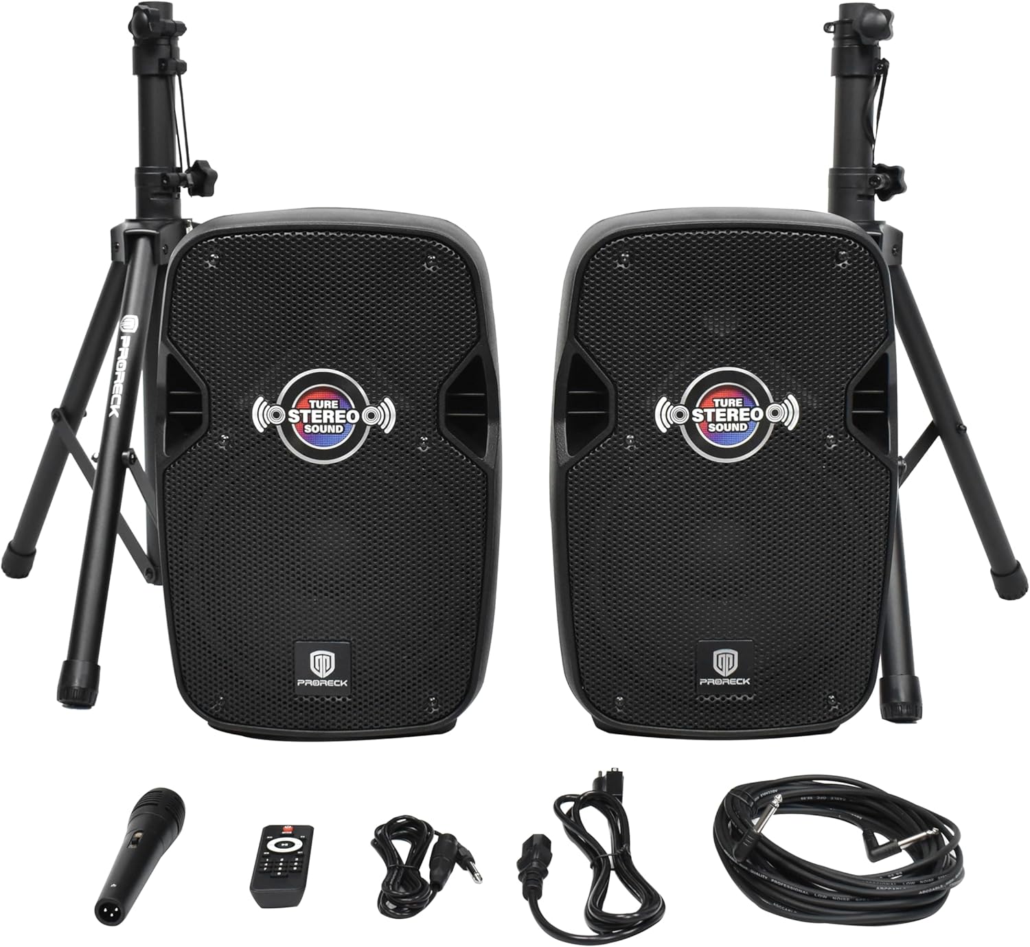 PRORECK 10-Inch Stereo Speakers, 850W Peak Power Bluetooth PA Speaker, with Wired Microphone, Speaker Stands & Remote – Portable DJ Speaker for Parties, Events, Karaoke, Outdoor Use