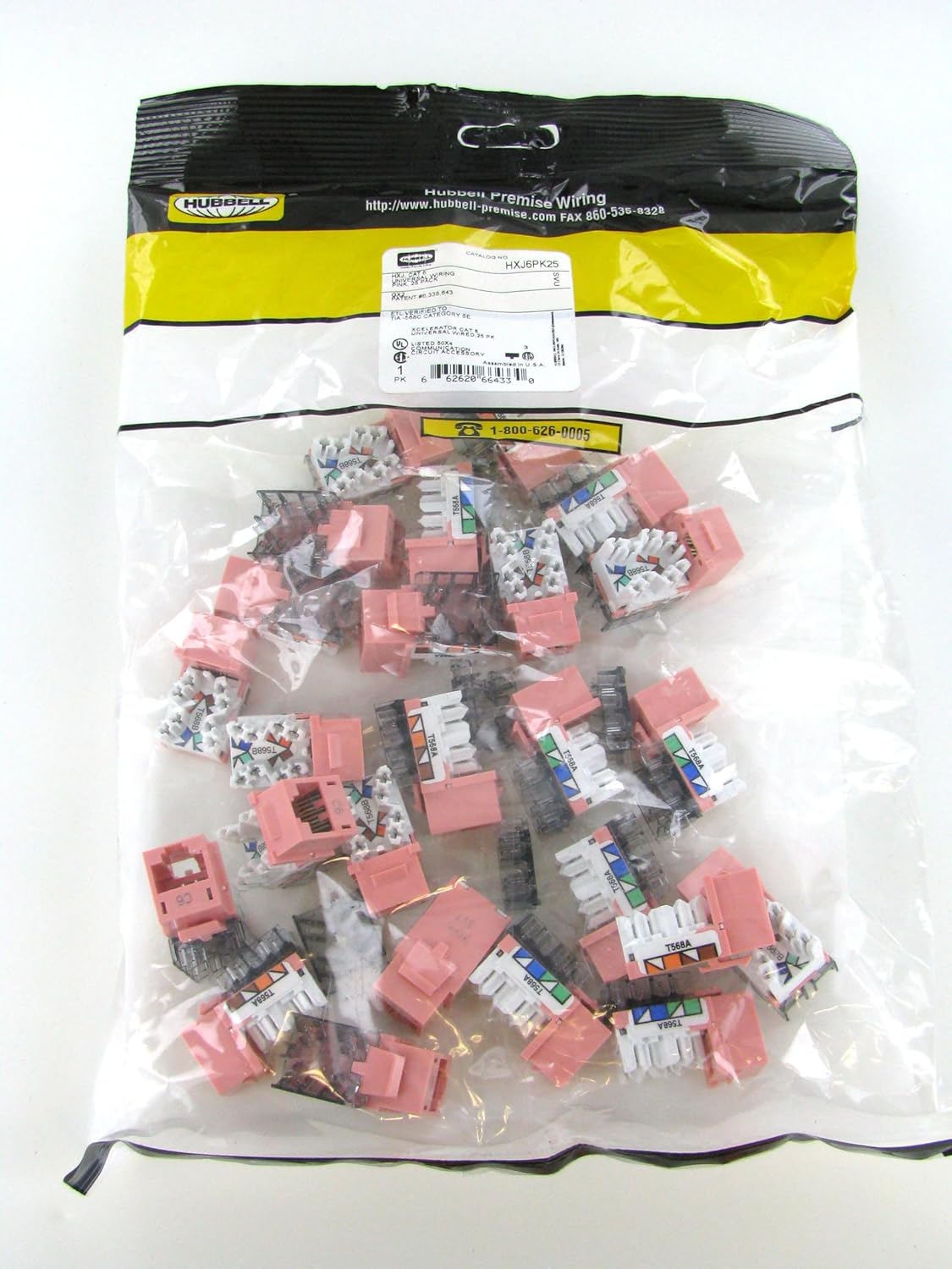 Hubbell HXJ6PK25 XCelerator Universal Wired Cat6 Jack, 25 Pack, Pink