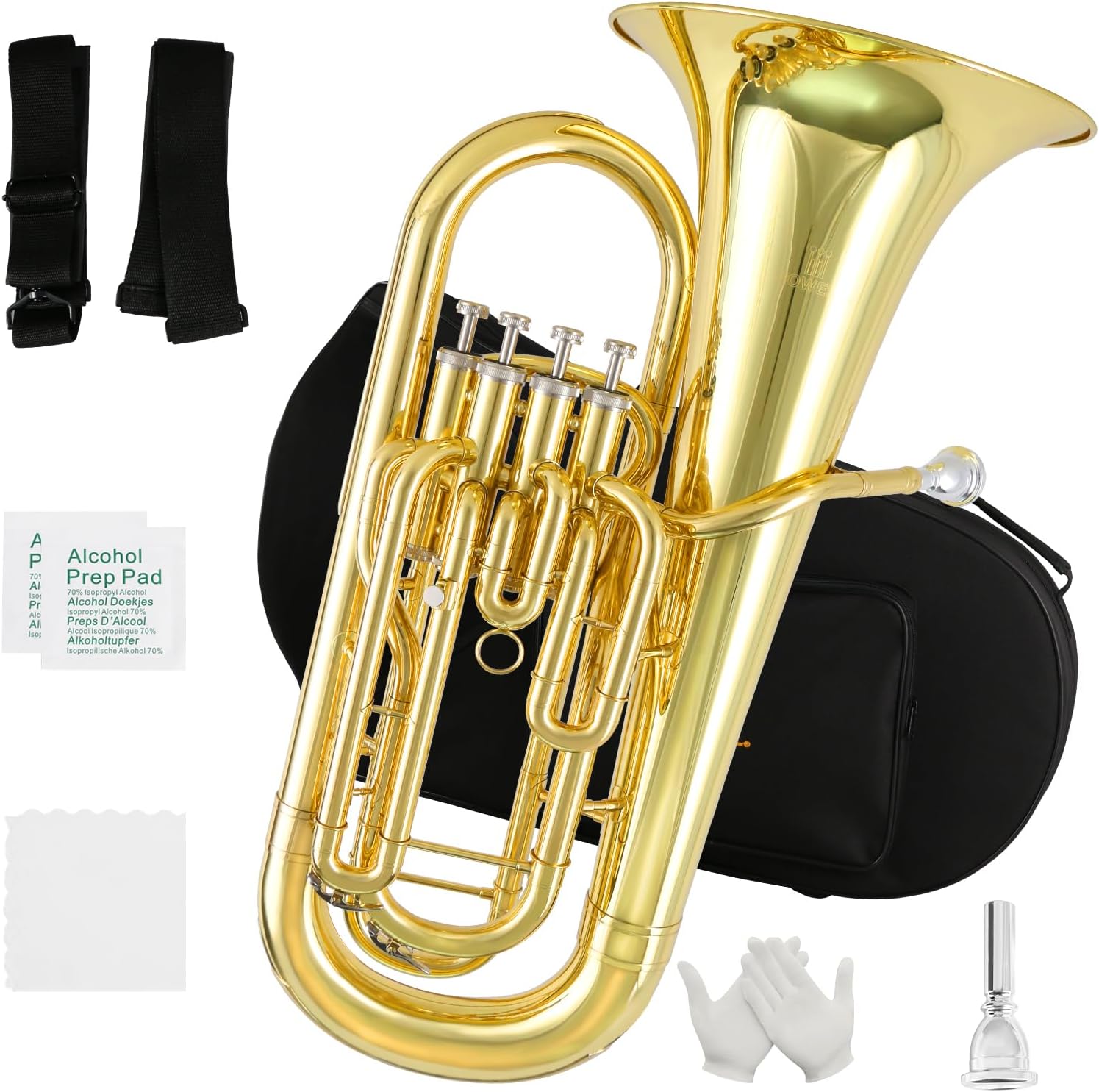 ROWELL Euphonium 4 Valves Bb Brass Lacquer Gold 4 Stainless Steel Pistons Intermediate Advanced Euphonium with Case Gloves and Polishing Cloth