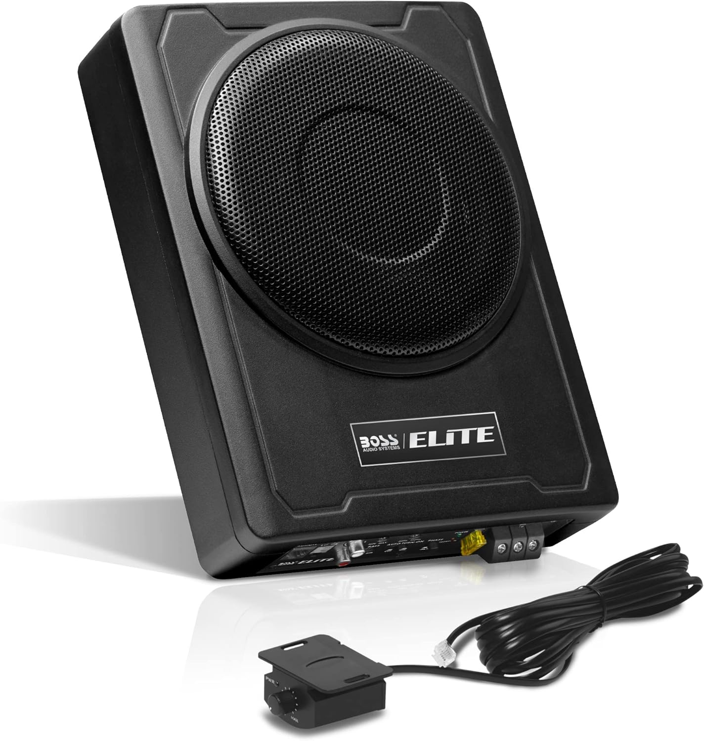 BOSS Audio Systems SLIM8 Elite Series 8 Inch Powered Car Subwoofer - Low Profile, Remote Subwoofer Control, Built in Amplifier, Under Seat, for Truck, Hook Up to Amplifier