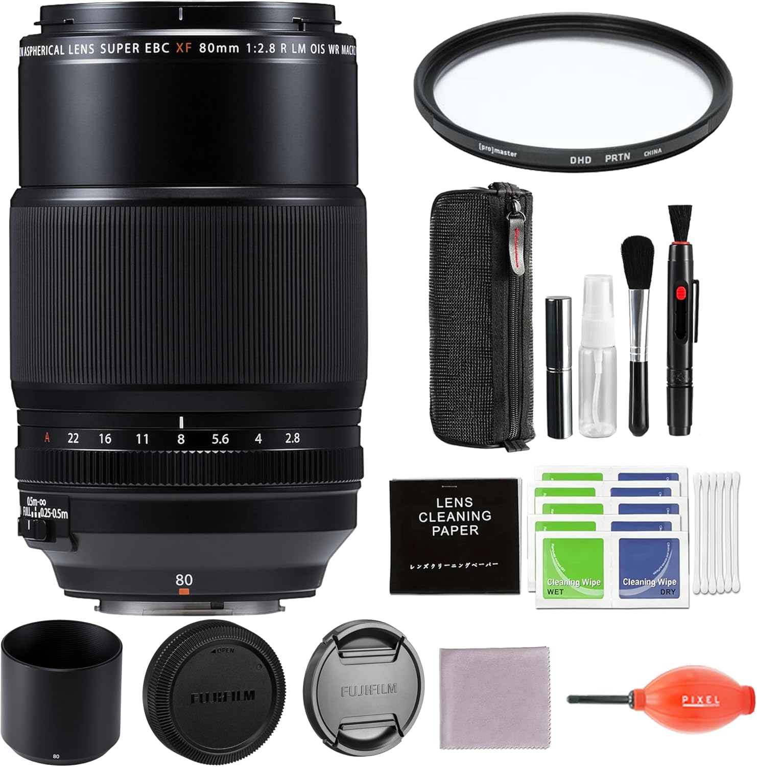 Fujifilm XF 80mm f/2.8 R LM OIS WR Macro Lens Bundle with 62mm Digital HD, Blower, Cleaning Kit & More | Fuji 80mm f2.8