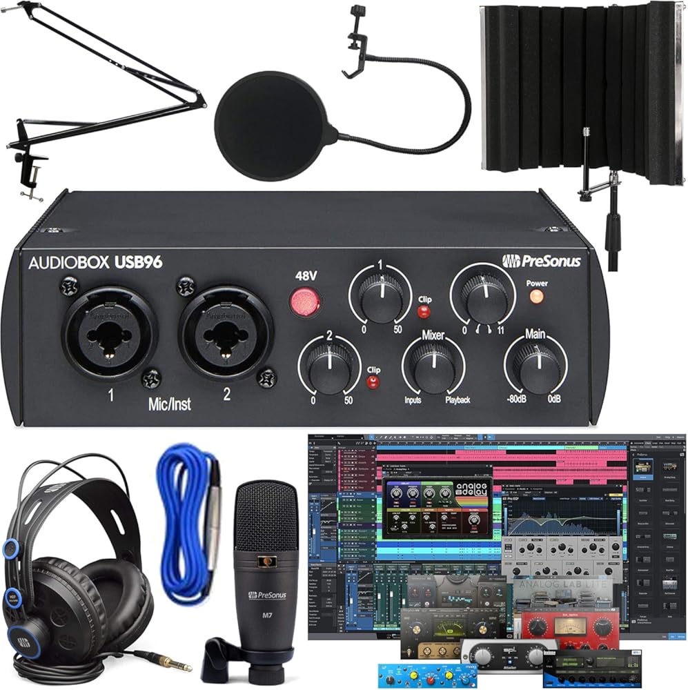 PreSonus AudioBox 96 Studio with Headphones, Microphone, XLR, Pop Filter, USB Cable and LyxPro Sound Absorbing Vocal Recording Isolation Shield, and Updated StudioOne 5 Artist Software Kit (Download)