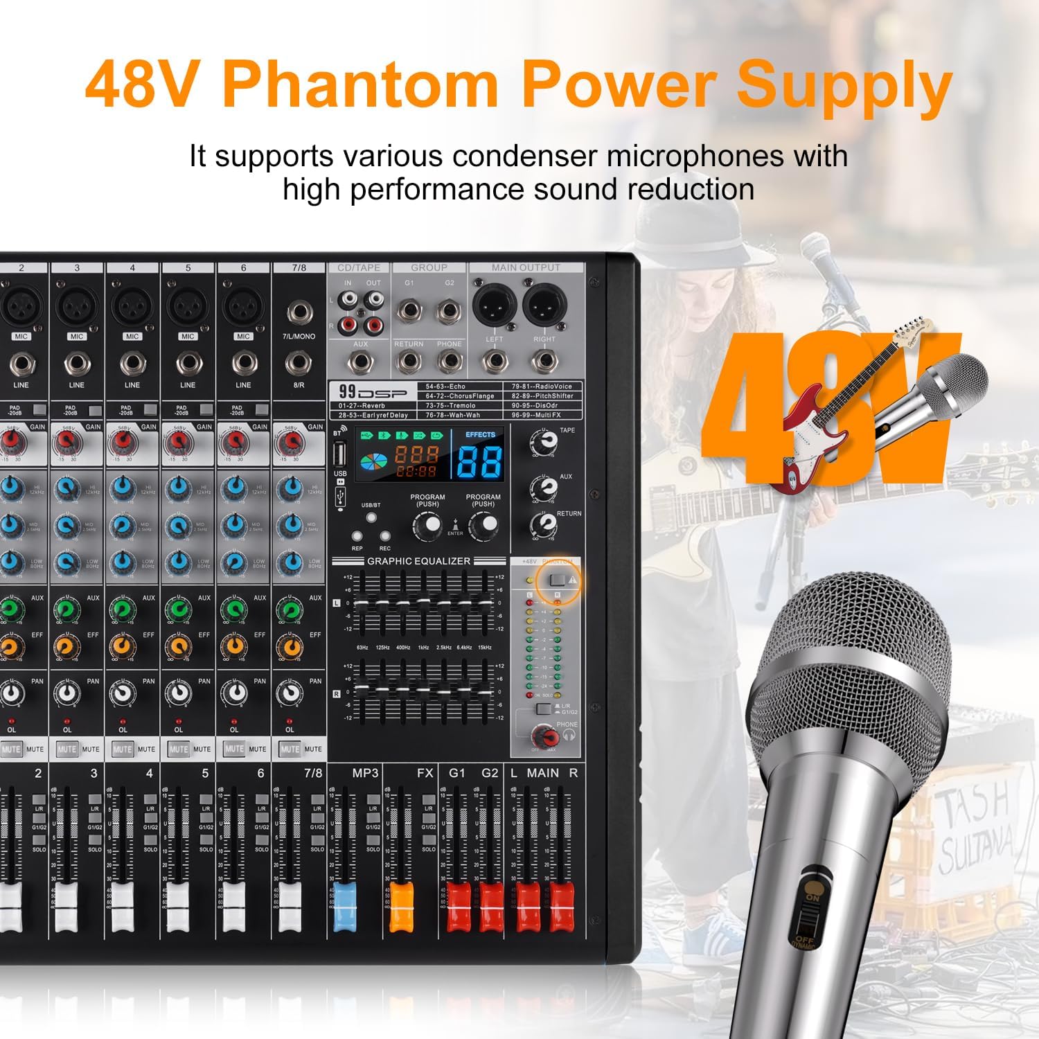 EX8 8-Channel Mixer and Sound Card Interface with Bluetooth/MP3, Dual 7 Band EQ+99 Reverb Effect for Home Studio, Podcast, Live - Desktop Digital Mixer Console for PC/DAW Recording
