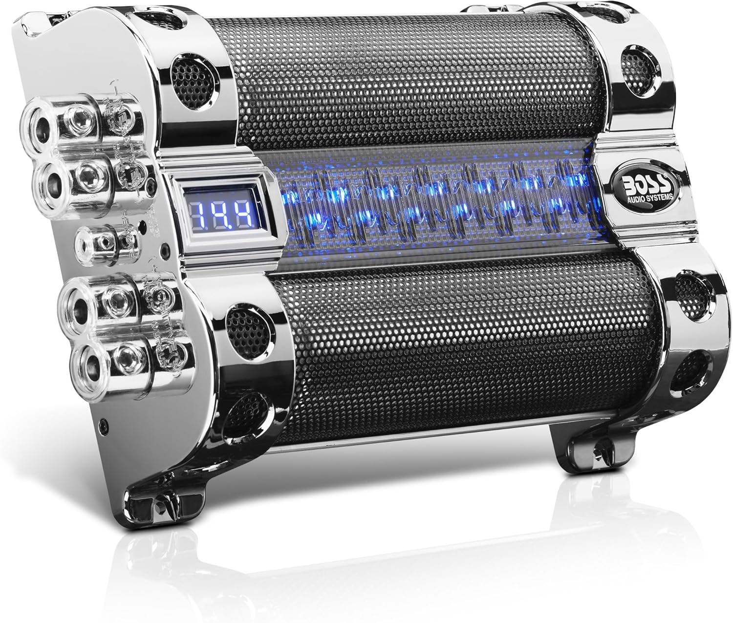 BOSS Audio Systems Cap18 - 18 Farad Car Capacitor For Energy Storage To Enhance Bass Demand From Audio System, Audible Warning Tone For Reverse Polarity, Voltage Overload Low Battery Voltage Led