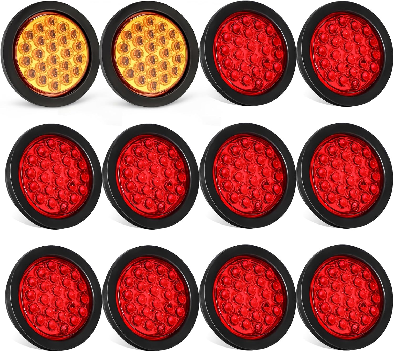 Partsam 2x 4 Inch Round Amber Strobe Lights 24 LED, 10Pcs 4 Inch Round LED Trailer Tail Lights Red 24LEDs Waterproof 12V Grommet Plug Included