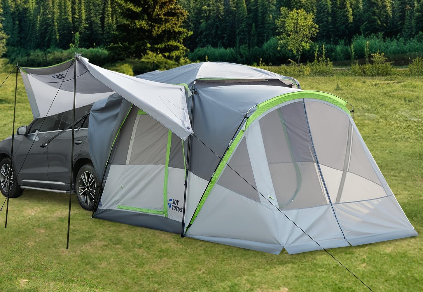JOYTUTUS SUV Tent with Screen Porch and Awning for Family Camping, 60% More Space Car Tent for 5-9 Person, Dual-Use SUV or Camping with Rainfly, Double Door, Starry Sky Roof, Fit for SUV Car Van