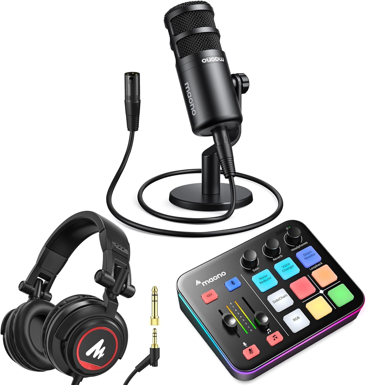 MAONO Gaming Podcast Equipment: Gaming Mixer with Dynamic Mic and 3.5 mm Monitor Headphones for Gamer, Youtuber, Podcaster