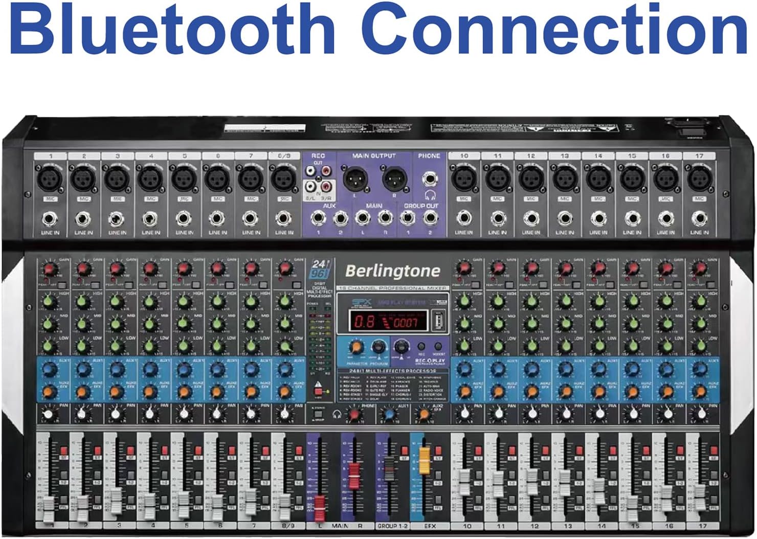 -Berlingtone,16 Channel Professional Bluetooth Studio Audio Mixer - DJ Sound Controller, USB MP3 Player, PC Recording,14 Microphone Jack, 48V Phantom Power, 24BIT Digital Effect, Unpowered (BR-16MX)