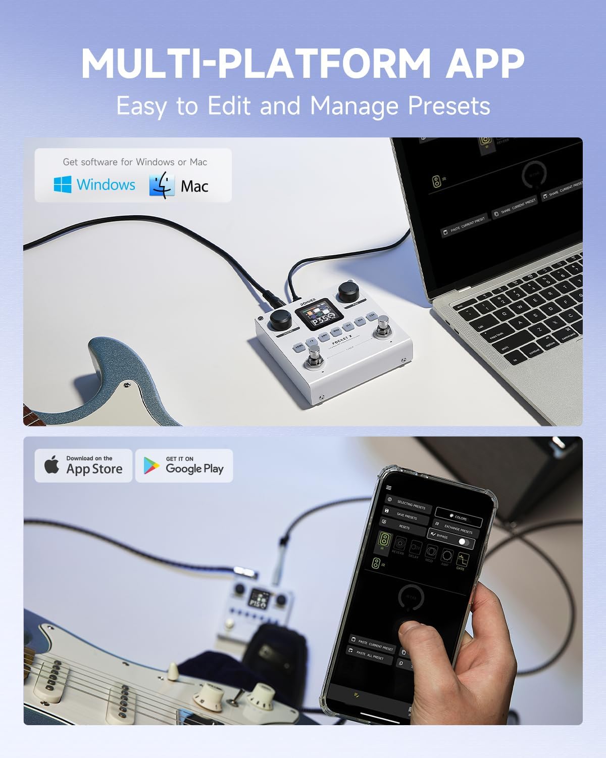 Donner Pocket-X Multi Effects Guitar Pedal Guitar/Bass AMP Modeler Multi Effects Processor Portable Rechargeable Guitar Pedal with 6 Effects Modules, 80 Presets, 20 IRs for Electric Guitar