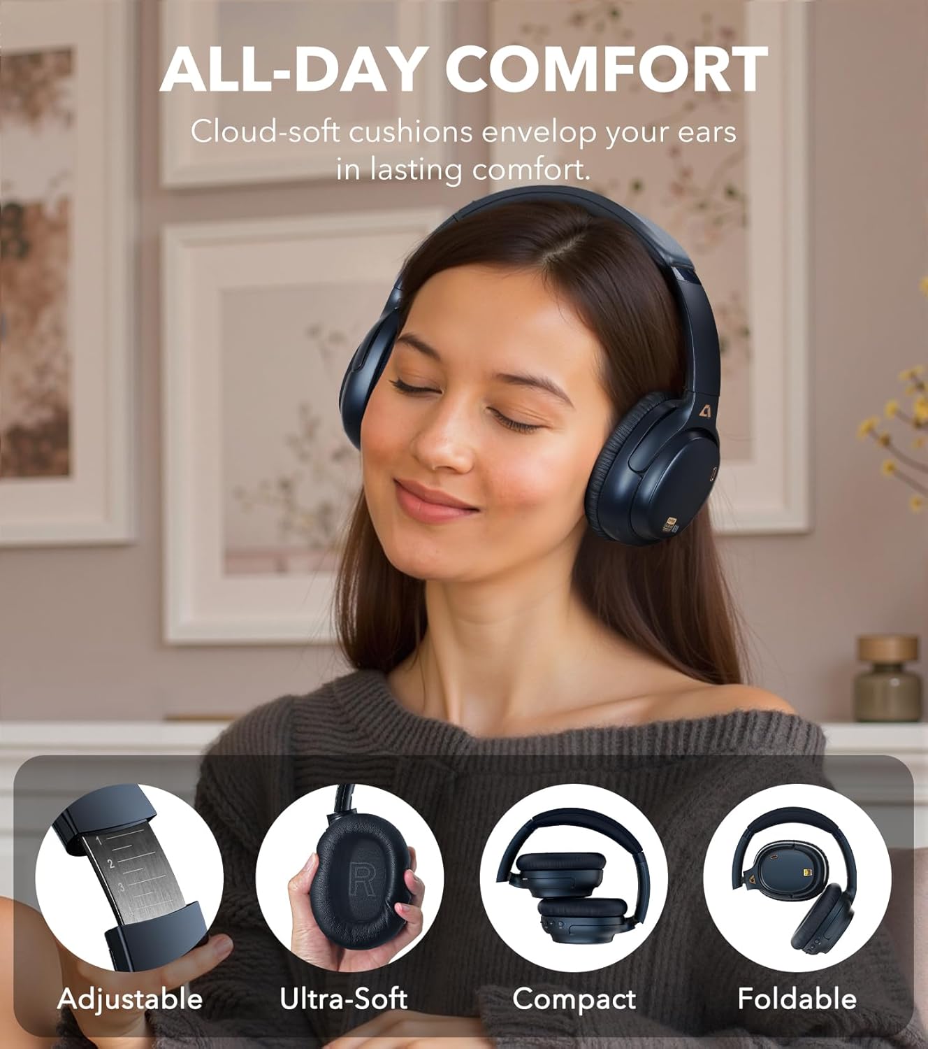 1Mii E700 Wireless Bluetooth Over Ear Headphones with Active Noise Cancelling, Hi-Res Audio LDAC/aptX Low Latency for Airplane Travel Overhead Comfort, 54H Playtime, Custom EQ via App - Blue