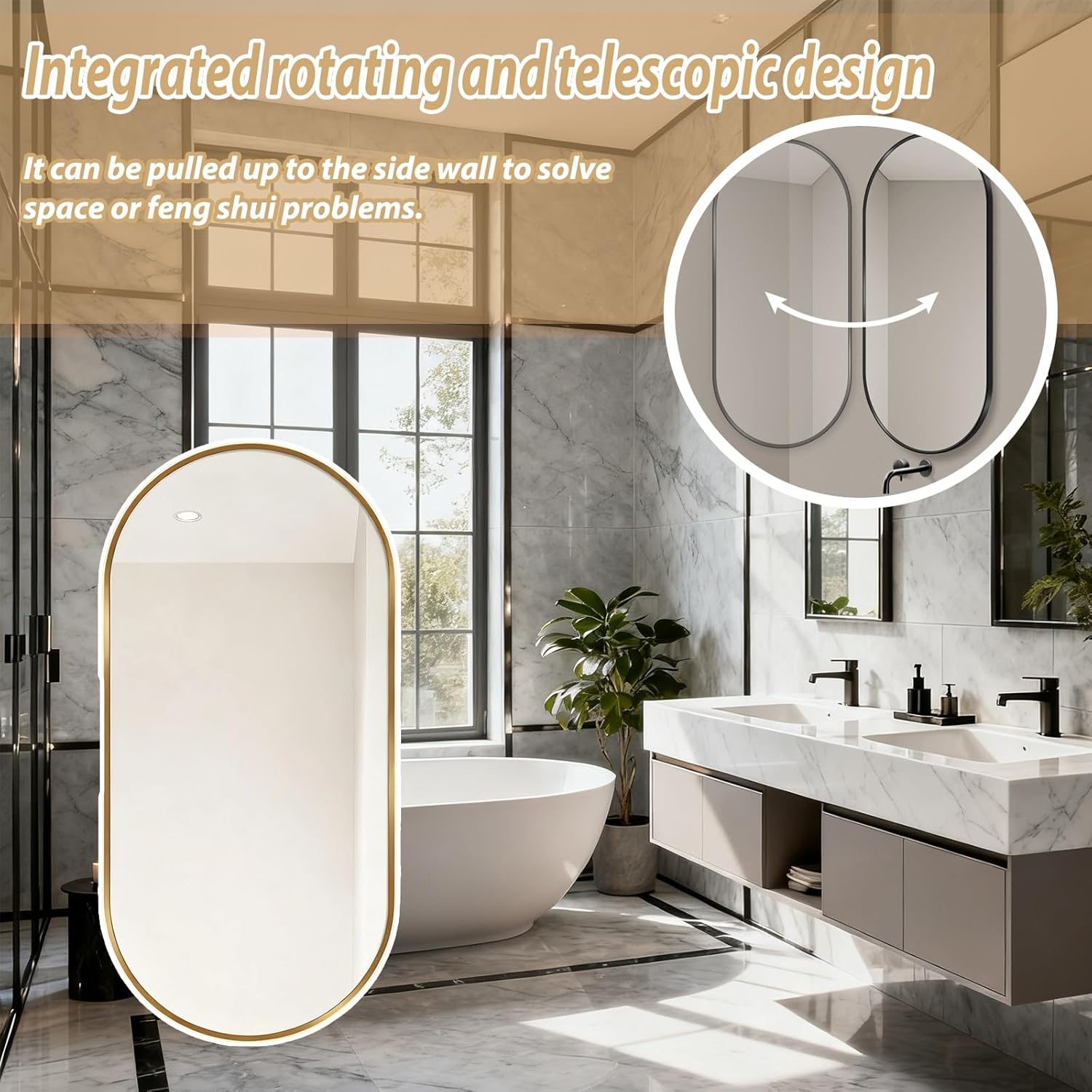 Wall Mount Corner Mirror Rotating Tilting Mirror with Extendable Arm and Metal Frame Vertical & Horizontal for Living Room Dressing Room Bedroom(Walnut,50 * 100cm/19 * 39in)