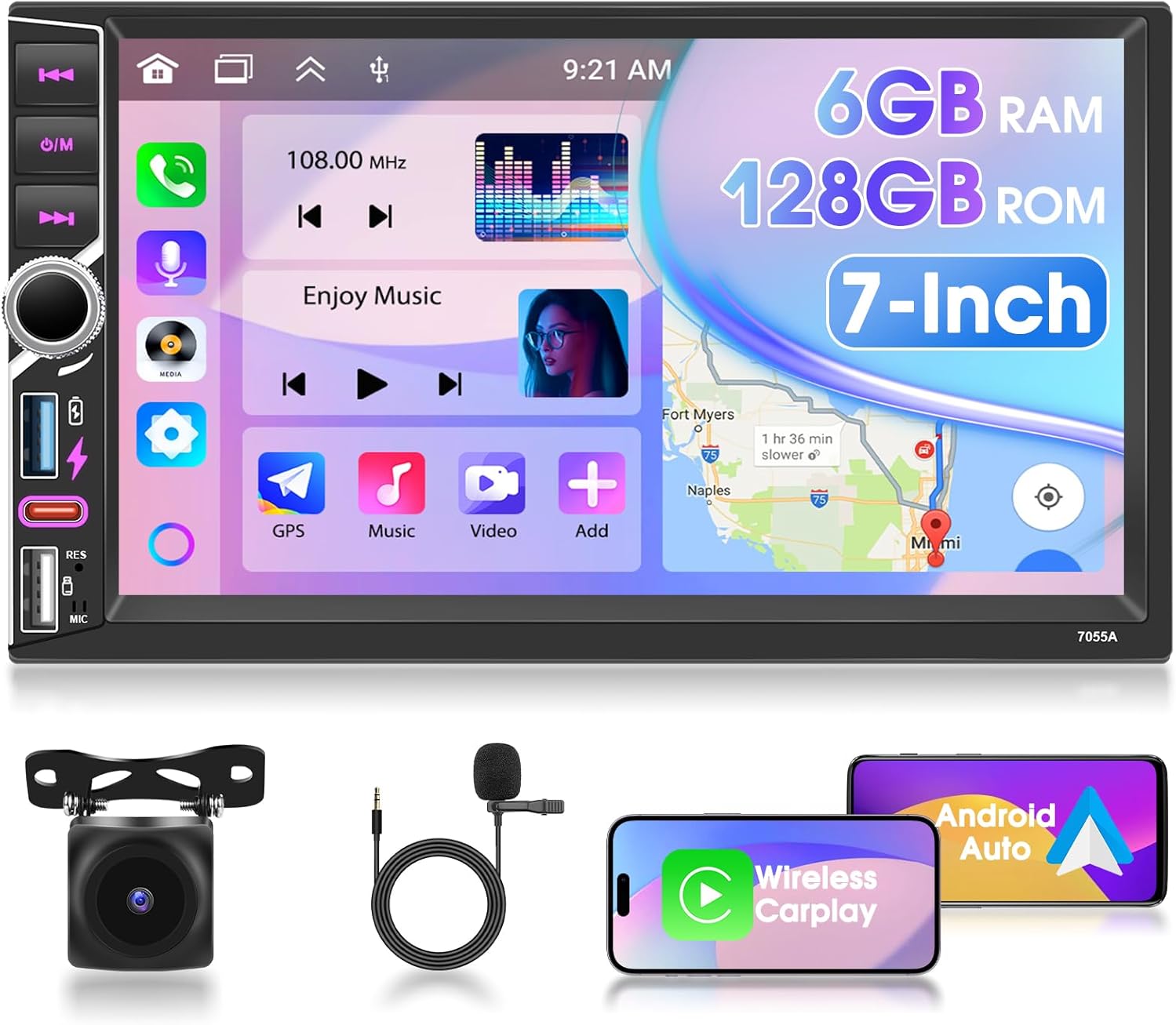 8 Core [6+128G] 7 Inch Double Din Car Stereo Radio Touch Screen Bluetooth Audio with Wireless CarPlay Android Auto GPS Navigation Mirror Link WiFi EQ RDS Hi-Fi Backup Camera MIC