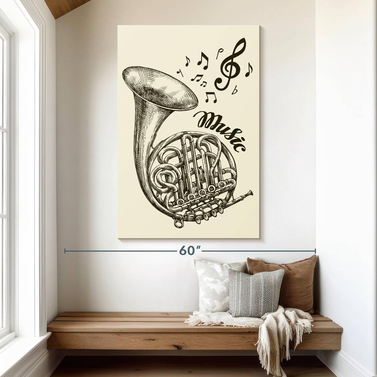 ElephantStock - French Horn Music Wall Art - Vertical Canvas Wall Art - Living Room Wall Decor - Drawing Music Canvas Art - Beige And Black Decor - 34